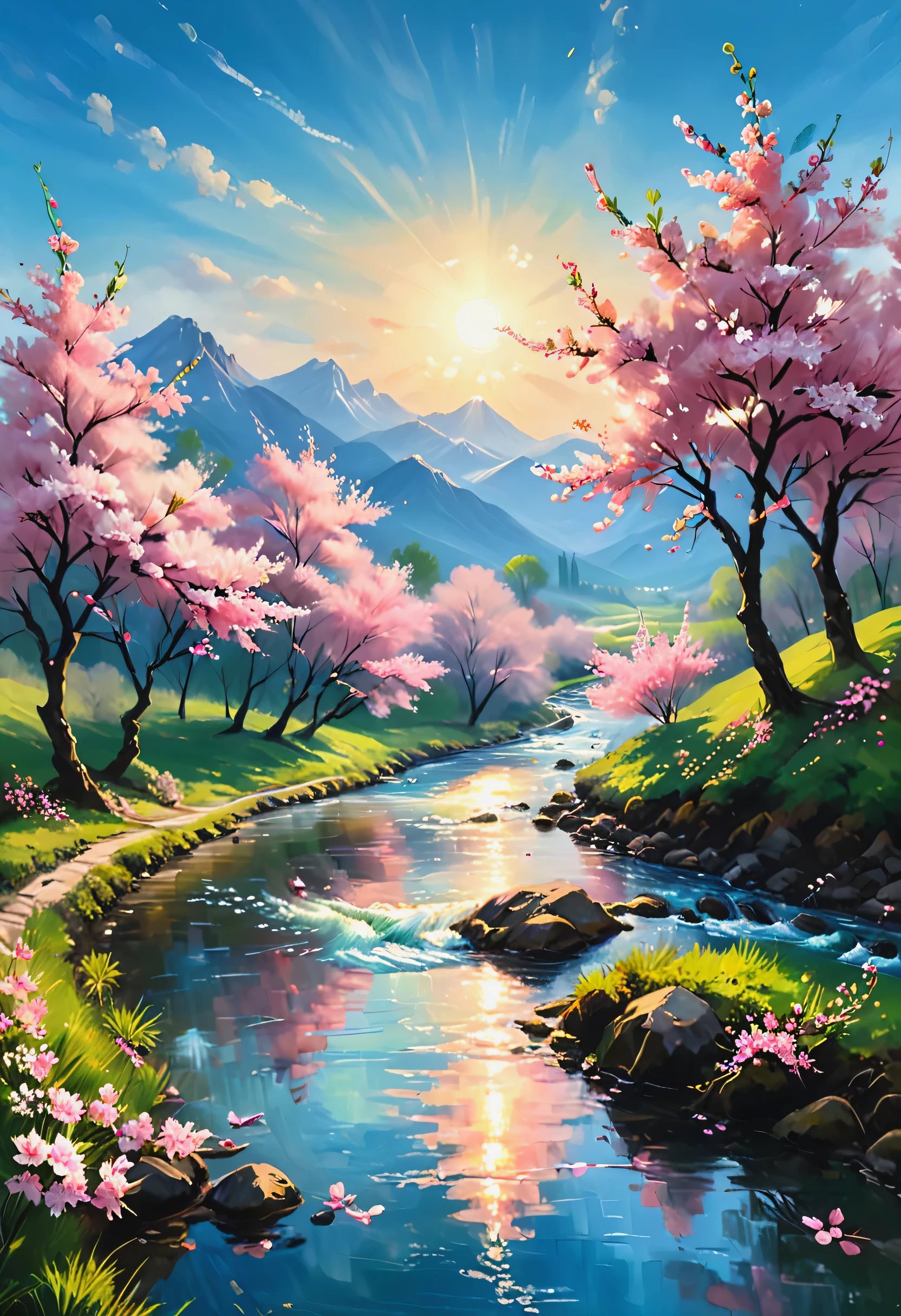 (best quality,4k,8k,highres,masterpiece:1.2),ultra-detailed,(realistic,photorealistic,photo-realistic:1.37),oil painting,pink cherry blossoms,blue sky,fresh and clean,natural scenery,beautiful landscape,stream,sunlight,warm atmosphere,cherry blossom tree,springtime,detailed flowers,lush greenery,tranquil setting,serene vibes,gentle breeze,blossom petals floating,picturesque view,calming ambiance,harmony of colors,soft brushstrokes,dreamy vibes,harmonious composition,vibrant hues,distant mountains,peaceful flow of the stream,reflection in the water,serene atmosphere,airy and light-filled,melody of nature,subtle shades of green,wisps of white clouds,ethereal beauty,crisp details,delicate branches,inviting pathway,beauty in simplicity,blissful escape,serenity in nature,magical scenery.