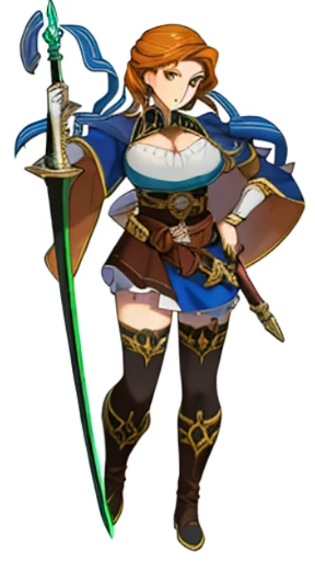 (((Best Quality))) , ((full body)), female, high fantasy outfit, reference sheet, solo, (white background), holding staff or sword, gauntlets, thigh high, belt, blue, orange, green, violet, brown, white, outfit, clea