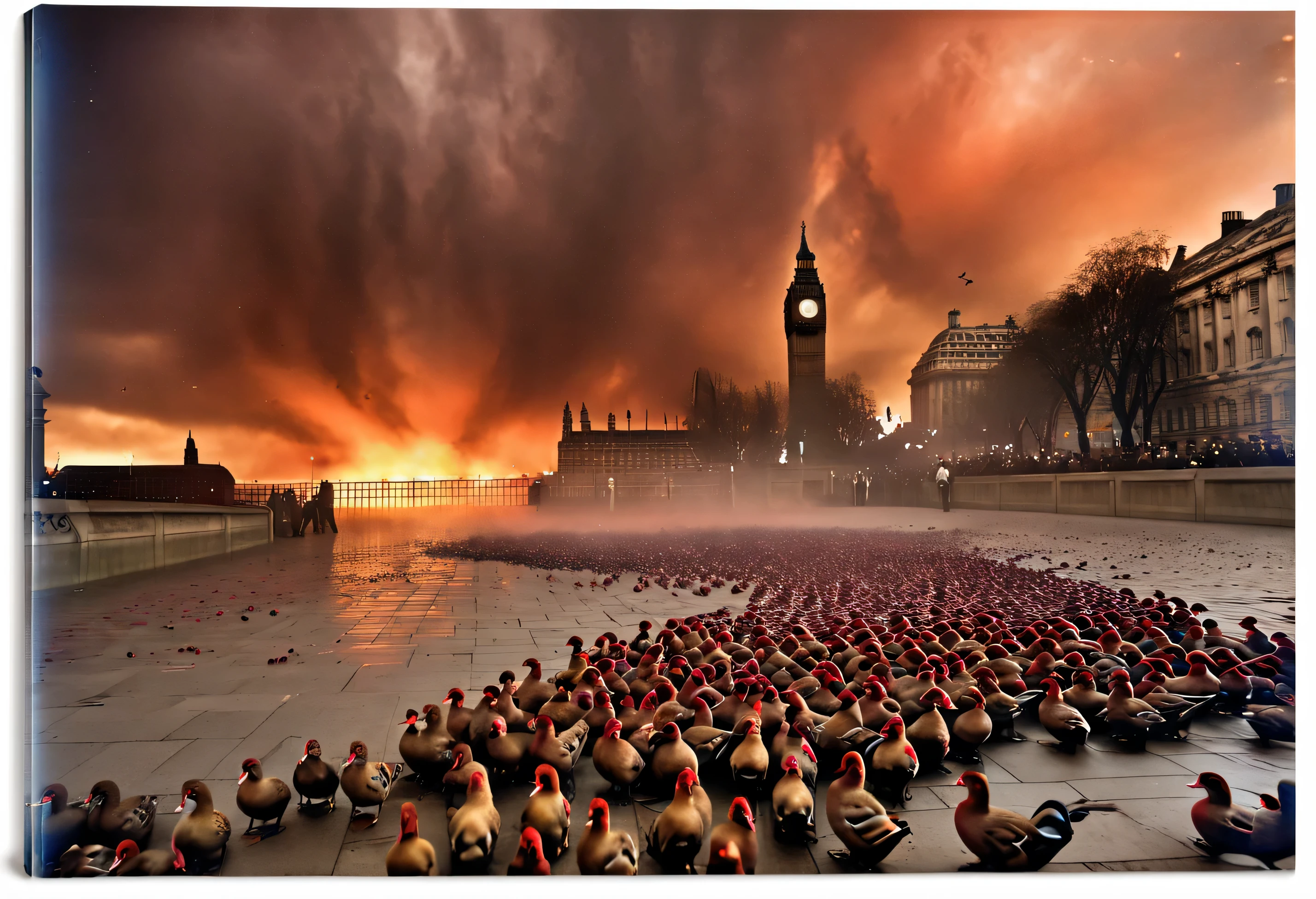 ((Many red ducks fell from the sky.)), (There were many dead ducks lying on the ground.), big ben clock tower, Trafalgar Square, England, (Liverpool), red clouds like flames, ((Atmosphere of the end of the world)), collapsed civilization, The atmosphere is dark in England.,The sky was frighteningly overcast.,Very high detail, The images are very realistic., A lot of people screamed.