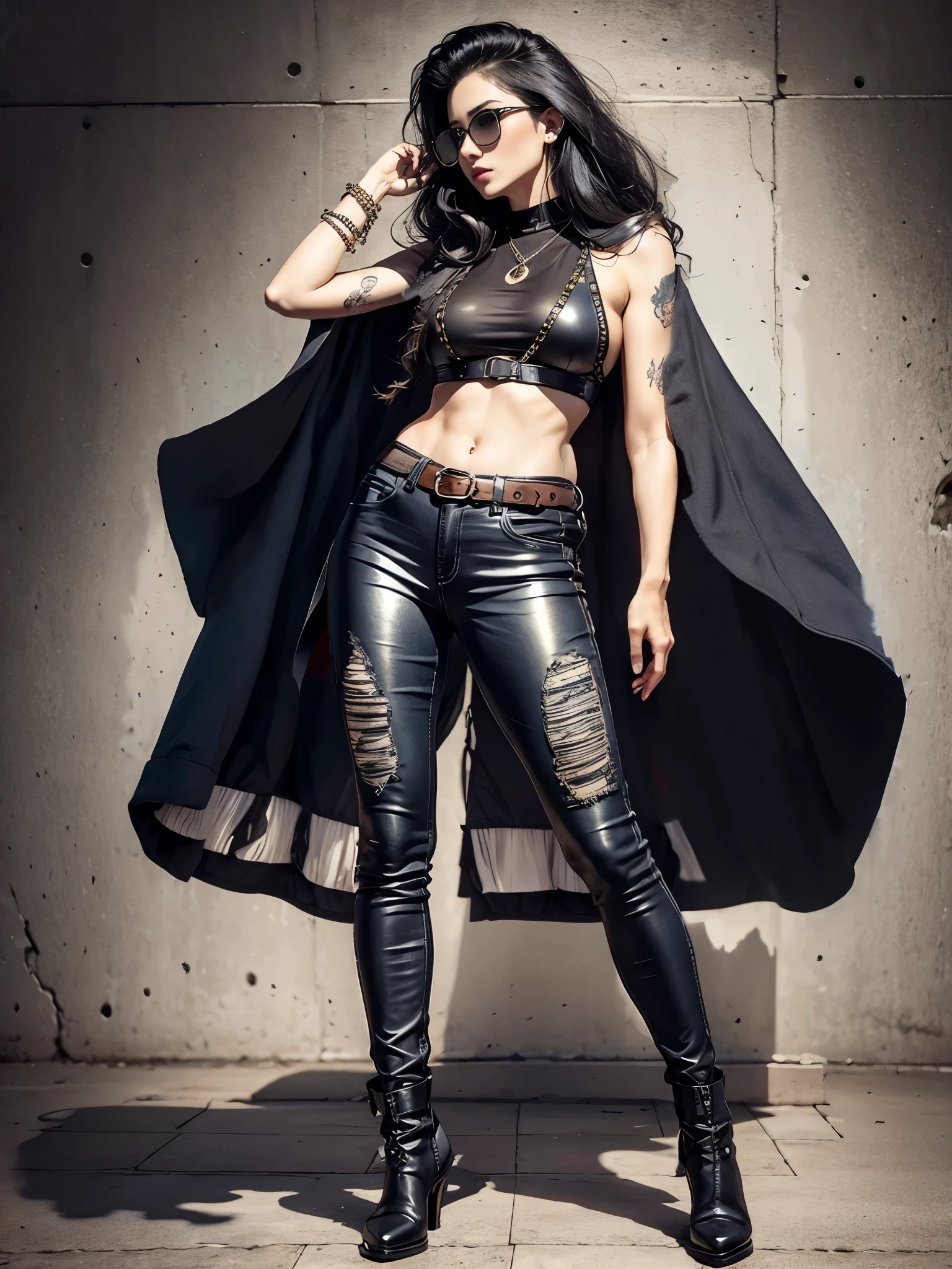 sunglasses、Leather bra、tight laminate pants、boots、black cloak、black hair、long legs、tattoo