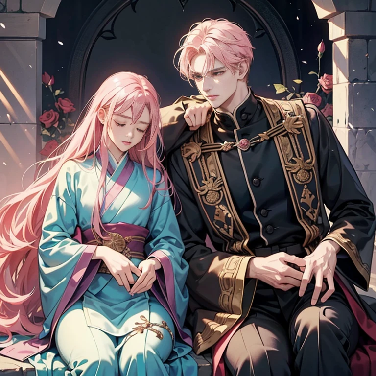 Anime guy with long pink hair, sitting elegantly on an old, worn chair, holds a fragile rose between his slender fingers. His eyes are closed, lost in thought, expressing a deep longing. His androgynous features add an enigmatic allure. (ultra-detailed, beautiful, long pink hair, sitting, rose in hand, elegant pose, closed eyes)
A beautiful androgynous prince, dressed in shimmering robes, leans gracefully against the stone wall of a dark castle. Demon slayer art accentuates the handsome prince's sharp features and subtle curves. (handsome androgynous anime prince, demon slayer art,