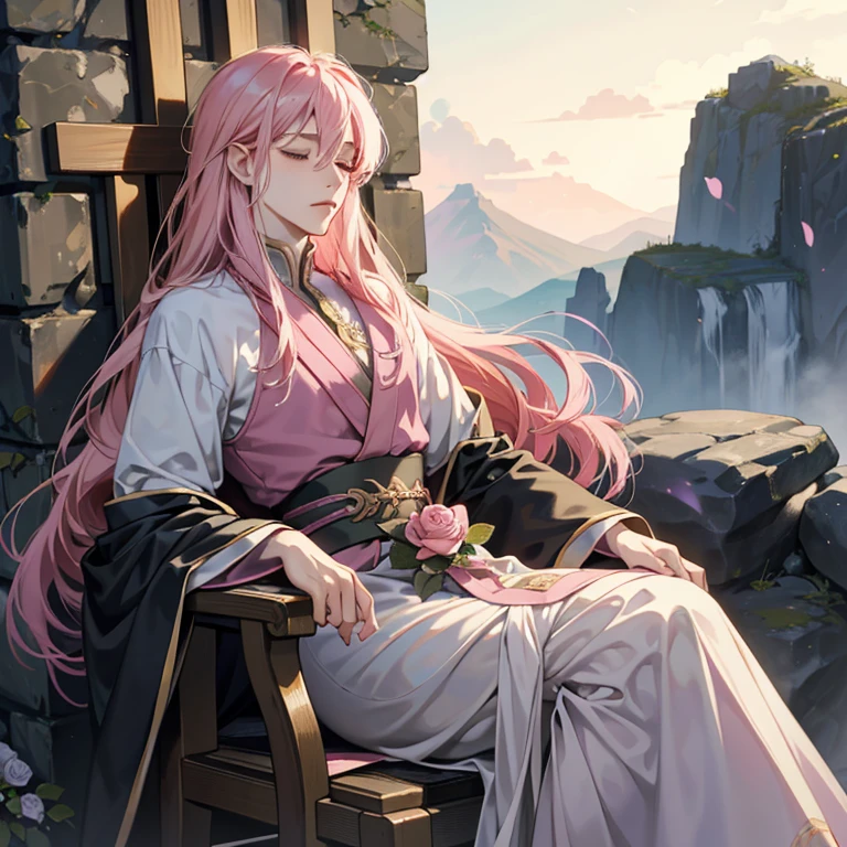 Anime guy with long pink hair, sitting elegantly on an old, worn chair, holds a fragile rose between his slender fingers. His eyes are closed, lost in thought, expressing a deep longing. His androgynous features add an enigmatic allure. (ultra-detailed, beautiful, long pink hair, sitting, rose in hand, elegant pose, closed eyes)
A beautiful androgynous prince, dressed in shimmering robes, leans gracefully against the stone wall of a dark castle. Demon slayer art accentuates the handsome prince's sharp features and subtle curves. (handsome androgynous anime prince, demon slayer art,
