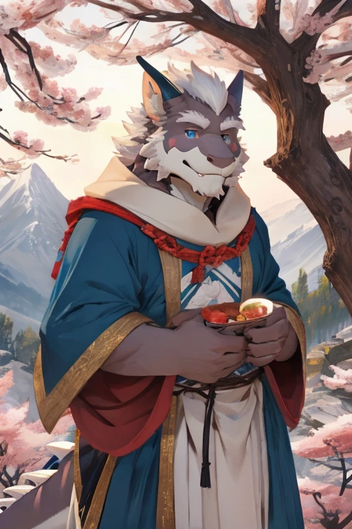 Furry, male dragon, eastern hermit, wise old man, mountain peak and cherry blossoms