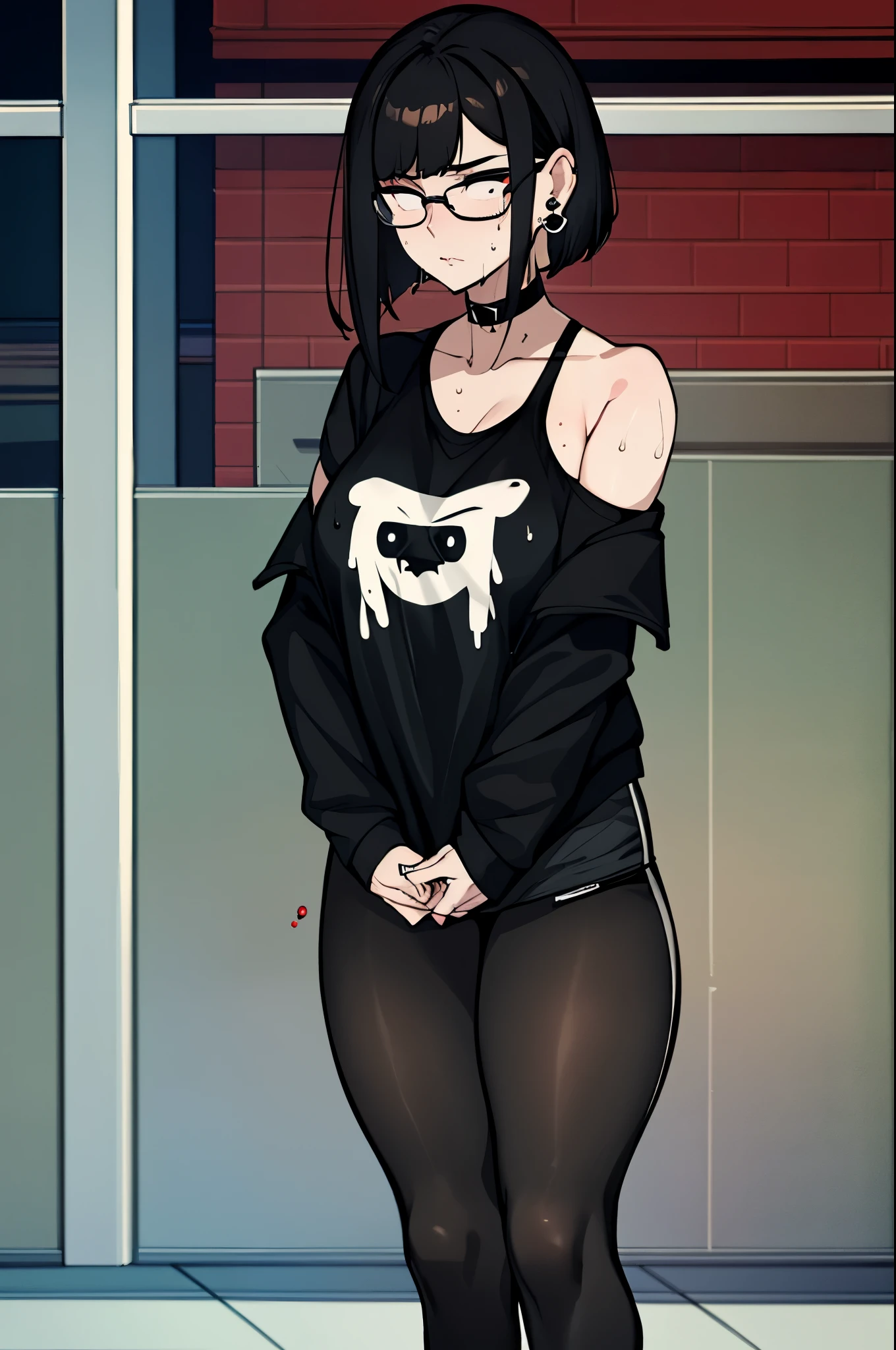 (masterpiece), best quality, expressive eyes, highres, anatomically correct, 1girl, perfect face, perfect hands, female, pale, glasses, straight hair, blunt bangs, black hair, pixie cut hair, black eyes, glasses, weak, tired, small breasts, graphic t-shirt, gothic, emo, goth, exposed left shoulder, piercings, ear piercings, lip piercings, fatigue, eye-bags, sore, blank eyes, expressionless, weak, bored face, bored eyes, swept bangs, choker, standing, freaked out, shocked, nervous, stressed, sweating, black hair, black eyes, wet shirt, black jacket,