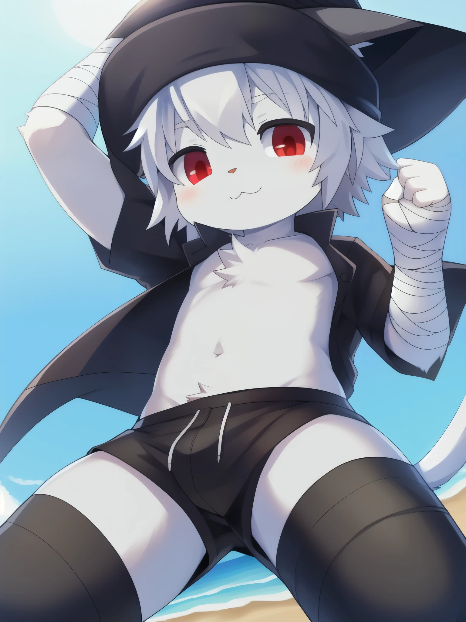 Furry shota, cat, young, red eyes, white hair, spiky hair, white body fur, detailed face, detailed eyes, detailed body fur, glistering body, shiny body, gorgeous body, ((black winter hat, black hawaiian shirt, open clothes, black swim trunks, bandages on hands)), :3, solo, beach, clear sky, stomach, low angle, straddle view,