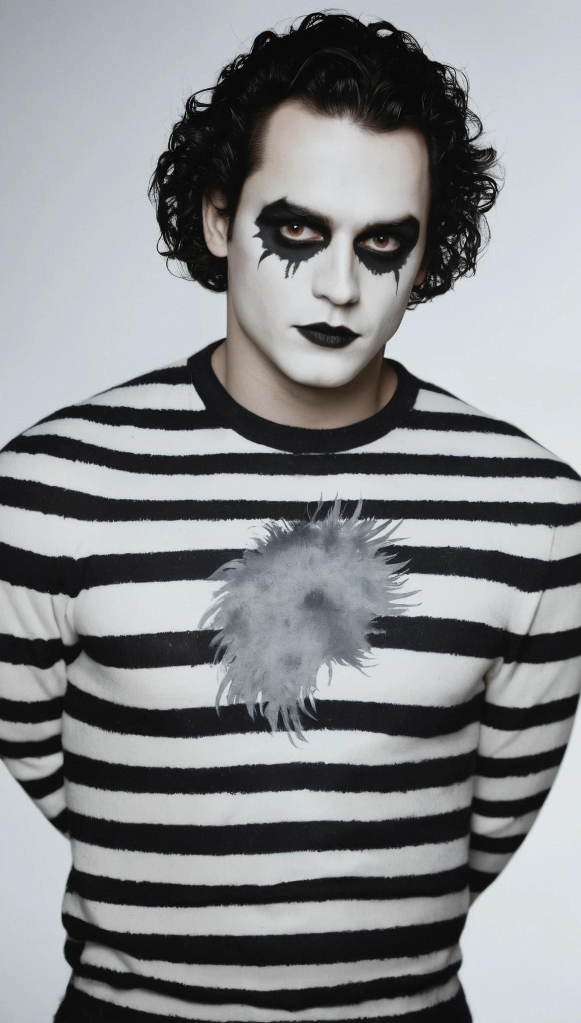 An illustrated movie poster, of the Crow, male, 28 years-old, wearing black and white crow makeup and a striped sweater, stocky, soft doughy physique, deep brown eyes, wide bulbous nose, full lips, black lipstick, black hair, curly quiff, thick bushy eyebrows, extremely hairy chest, stomach, and arms, lots of body hair, posing, hand-drawn, full color, multi-color, shadows, graphite shading, stencil marks, airbrushed acrylic paint, masterpiece