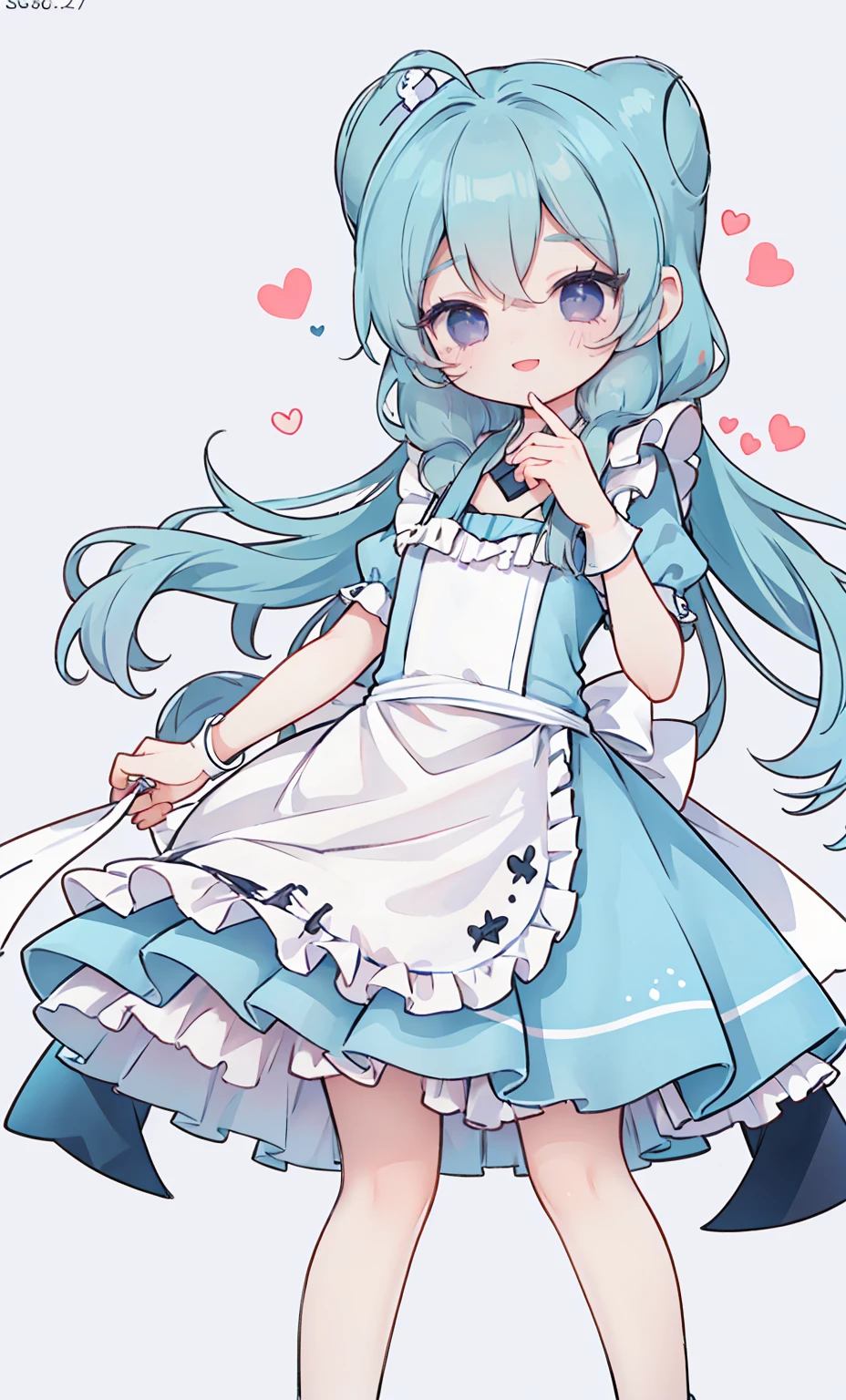 masterpiece, best quality, high resolution, aabeta, double, simple background, standing, slim waist, cute, {{{{{pastel blue fluffy puffy dress, (white apron )}}}}}, (PastelColors: 1.3), smile
