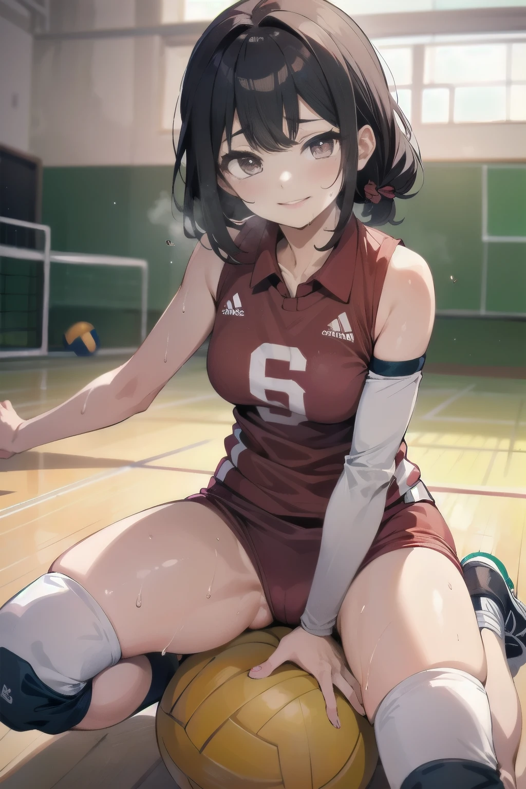 unity 8k wallpaper, anatomically correct, (((masterpiece))), (((best quality))), (((ultra detailed))), (((high-resolution))), ((Ultimate cutie)), perfect hands, perfect finger, (((good anatomy))), detailed beautiful face, shiny hair, (((gyaru))), (potbelly), (curvy), medium breasts, ((Thick thighs)), (((solo))), ((seductive smile)), (((blush))), (Eyes are heart marks), (heart shaped pupils), ((trembling)),
BREAK, (((sit astride the perfectly spherical shape 6-inch volleyball))), (((Straddling a perfectly spherical 6" volleyball))), (((Perfectly spherical 6" volleyball fits perfectly crotch))), BREAK, (((Rub the Perfectly spherical 6" volleyball against crotch))), (masturbation),
BREAK, adidas, (Collared volleyball uniforms), sleeveless, ((buruma)), ((kneepad)), ((pussy juice stained)), (elbow pad), (((sweat))), (((covered in sweat))), ((deep breathing)), in Volleyball Court, indoor, lighting, looking at viewer, full body, (spoken heart)