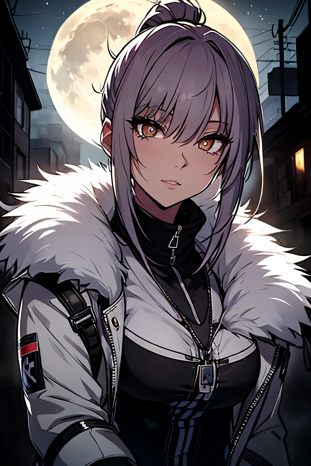 a woman, leggings, pleated skirt, sports top, high ponytail, high boots, long fur jacket, on a foggy moonlit night in a ghost town, detailed face, hyper detailed eye's, detailed lips, , with a metal chainned-colar in the neck, lineart