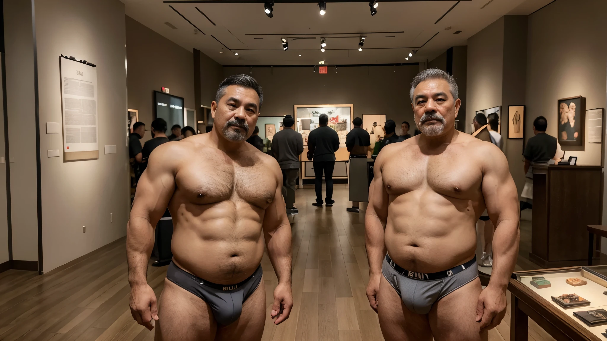 2 Vietnamese grandfathers with gray hair, old man face, a thick gray mustaches, a short gray chin beard, bear body, wearing a massive bulging gray jockstraps stand in museum, have belly, big muscular chest, a sexy pose, show underwear.