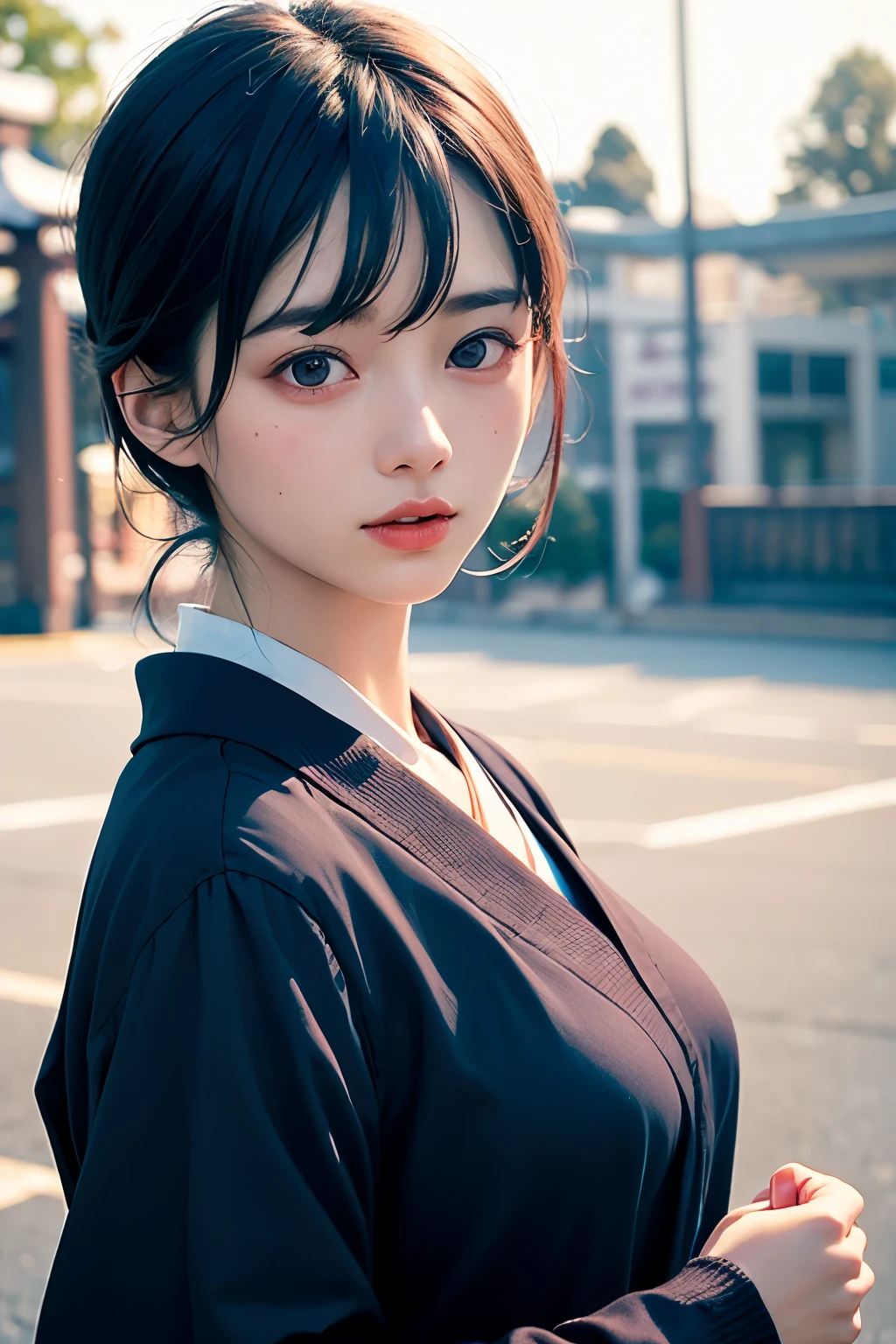 (1 nogizaka girl,raw photo,photo realistic:1.5),(best quality, high quality,HDR, highest quality,ultra high resolution,high resolution,high res,ultra high difinition,huge file size,8K,2K wallpaper,8K wallpaper,high quality texture,amazing,an extremely delicate:1.4),one girl, Japanese famous idol,beautiful face,small face,absurd,ridiculous,incredibly ridiculous,portrait,breasts close up,blurry background,(school uniform,no makeup:1.2),medium skin,beautiful skin,detailed skin,small head,black hair,silky hair,(Japanese eyes:1.3),detailed eyes,black eyes,Japanese idol eyes,monolid eyes,Japanese nose,5-fingers,(eyebrow:-0.5),(Light Particles, Lens Flare, Luminous Particles: 0.7),looking at viewer,bright lighting,professional lighting,girl
