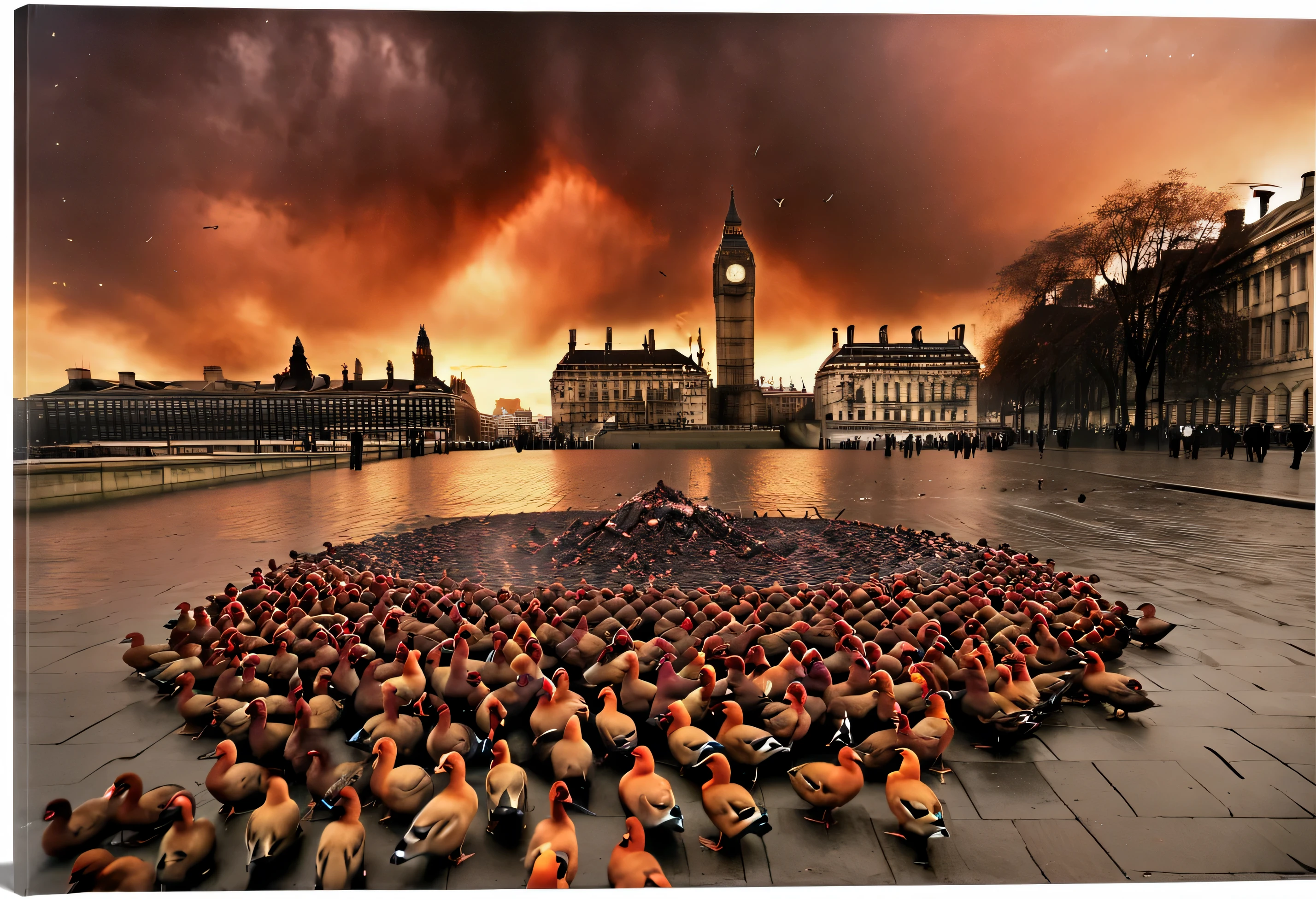 ((Many red ducks fell from the sky.)), (There were many dead ducks lying on the ground.), big ben clock tower, Trafalgar Square, England, (Liverpool), red clouds like flames, ((Atmosphere of the end of the world)), collapsed civilization, The atmosphere is dark in England.,The sky was frighteningly overcast.,Very high detail, The images are very realistic., A lot of people screamed.