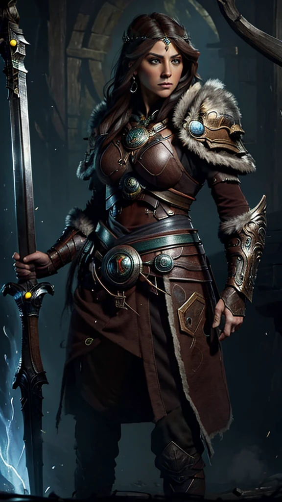 (Best quality,4K,8 k,A high resolution,masterpiece:1.2),ultra-Detailed, 1 woman, Irish goddess Brighid, Brown hair, Iron armor over the druid&#39;s robe, Forging a sword, determined eyes, drawn in the style of Yoshitaka Amano., SKS woman, HDR, 8 k, absurdity, film studio 800, sharp focus, add_Detail:2
