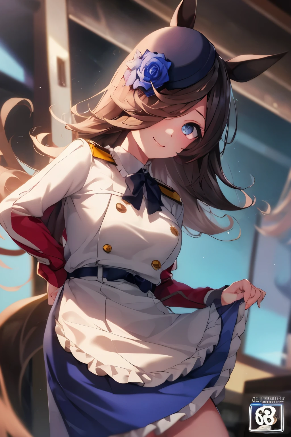 (table top.highest quality).(dynamic angle). (CG painting with very impressive details),(perfect image)、comic strip.shape.1 girl.detailed face、perfect face.delicate face、A girl in a delicate uniform、rough skin、black hair.length、(Umamimi Girl)Umamimi Girl、((beautiful blue eyes)).delicate and beautiful eyes、fine eyes、reflected eyes、smile.(look at the audience:1.3).(face is a little red:0.8)、8k wallpaper、cowboy shot、reflected light、most detailed、Complex、delicate background、rough skin、fine skin、(super resolution)、wearing a uniform