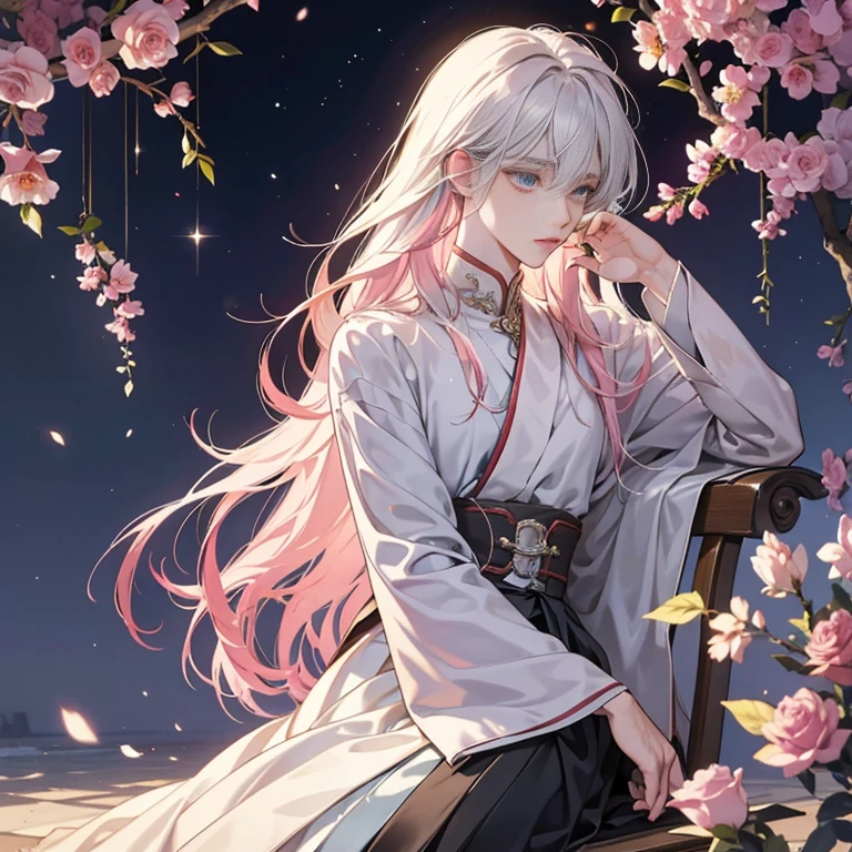 Anime guy with long pink hair, sitting elegantly on a worn-out chair, holds a fragile rose between his slender fingers. His hair cascades down his back, the pink strands shimmering under the dim light, reflecting an aura of mystery and allure. The background portrays a dark world, with the faint outlines of buildings and trees visible through the window, adding a sense of melancholy to the scene.

Beautiful androgynous prince, with delicate features and an ethereal aura, gazes out into the distance with a thoughtful expression. The prince's long, silver hair is wind-swept, falling gracefully over their shoulders