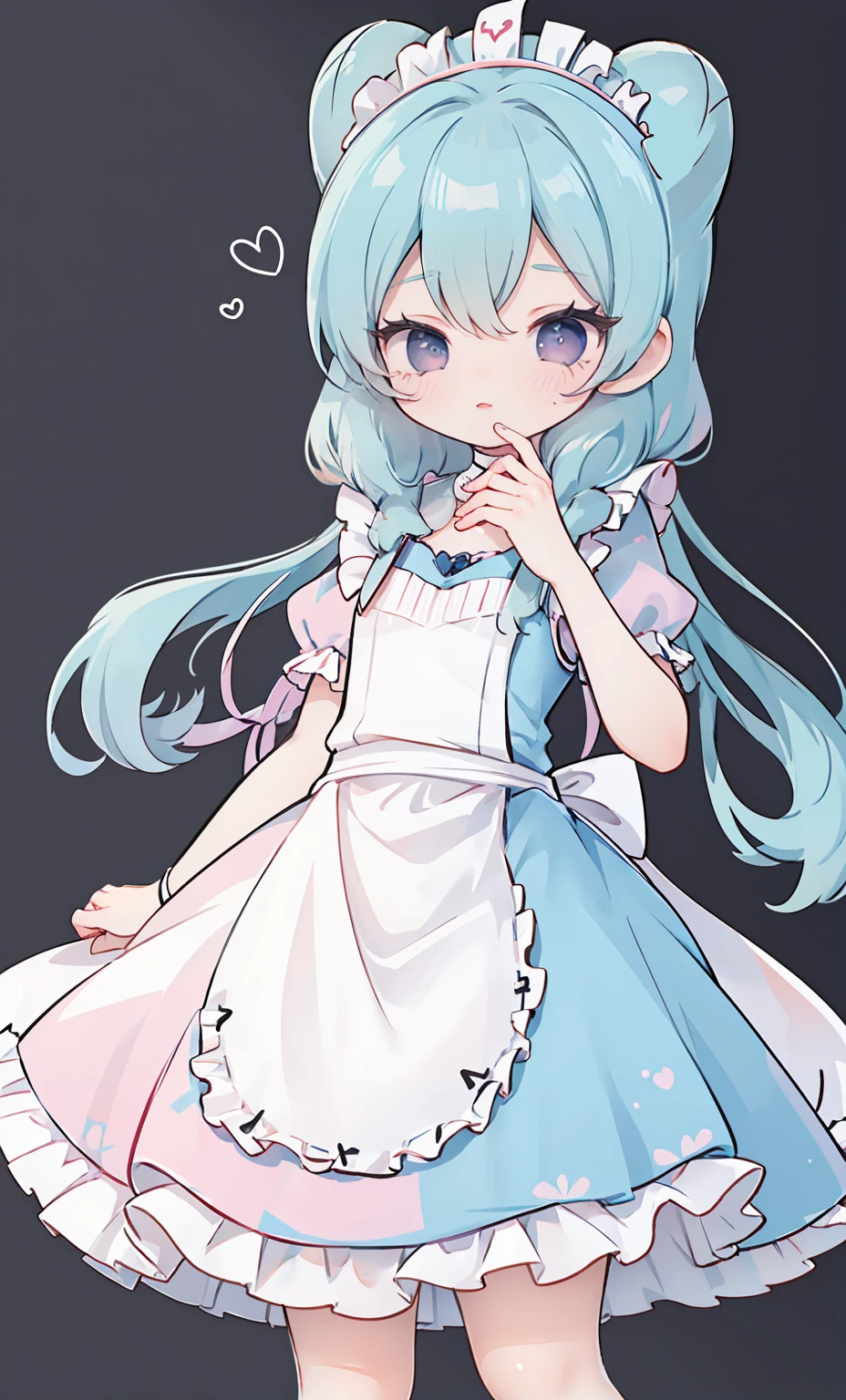 masterpiece, best quality, high resolution, aabeta, double, simple background, standing, slim waist, cute, {{{{{pastel blue fluffy puffy dress, (white apron )}}}}}, (PastelColors: 1.3)