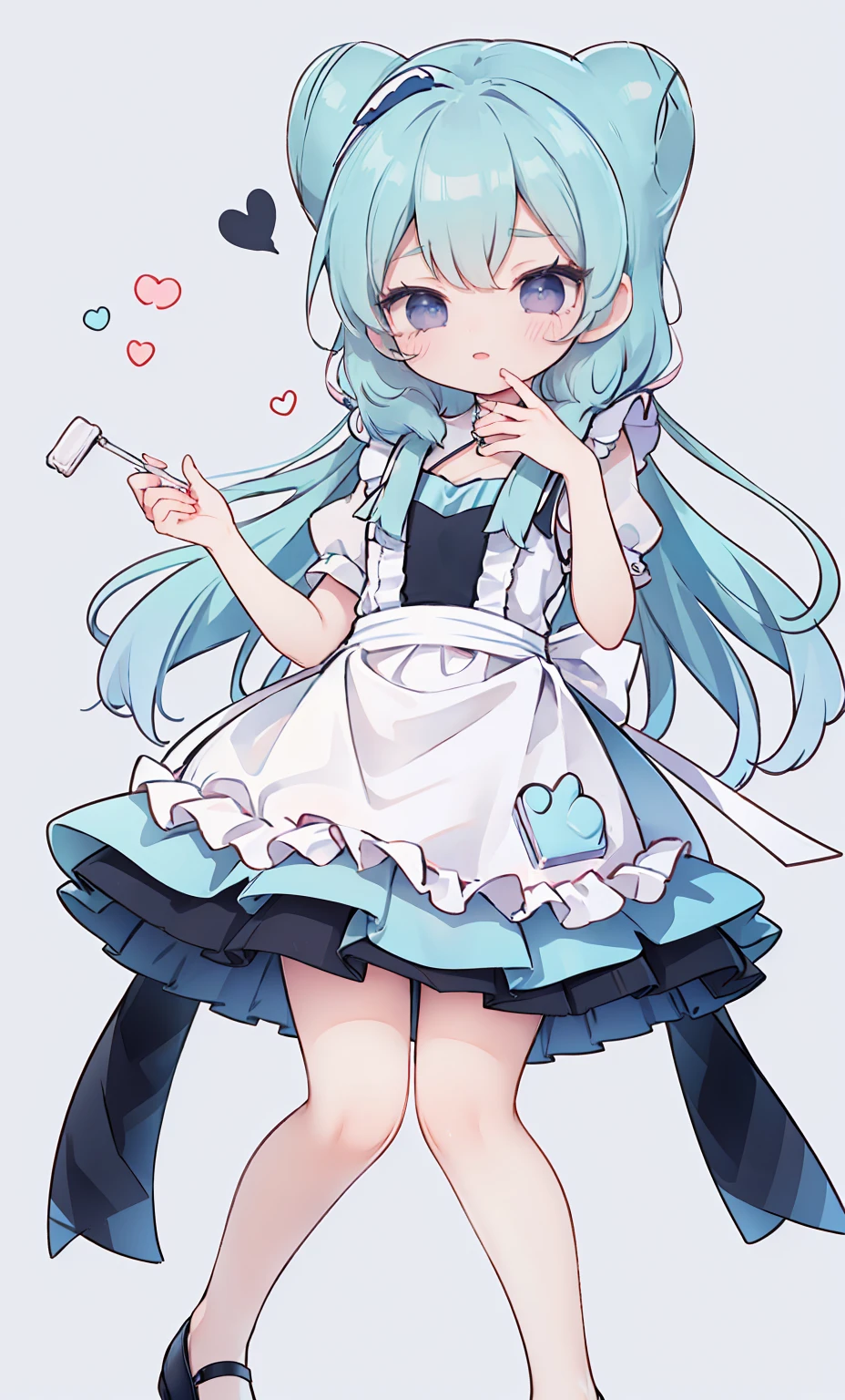 masterpiece, best quality, high resolution, aabeta, double, simple background, standing, slim waist, cute, {{{{{pastel blue fluffy puffy dress, (white apron )}}}}}, (PastelColors: 1.3)