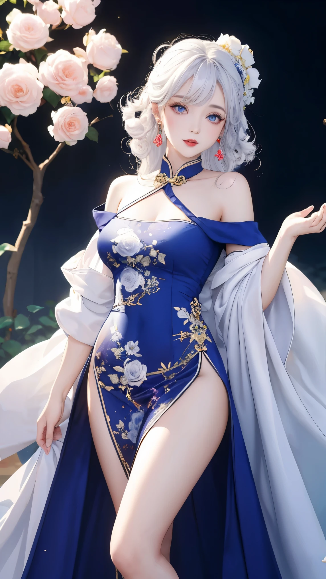 1 girl, (lo style: 1.5), bangs, lips, dress, long hair, blue eyes, high thighs, off shoulder, lo style Chinese dress, Chinese clothing, lipstick, realistic, rose, jewelry, earrings, curly hair, flower holding, gloves, elbow gloves, white gloves, makeup, white thighs, white hair, flower, standing,