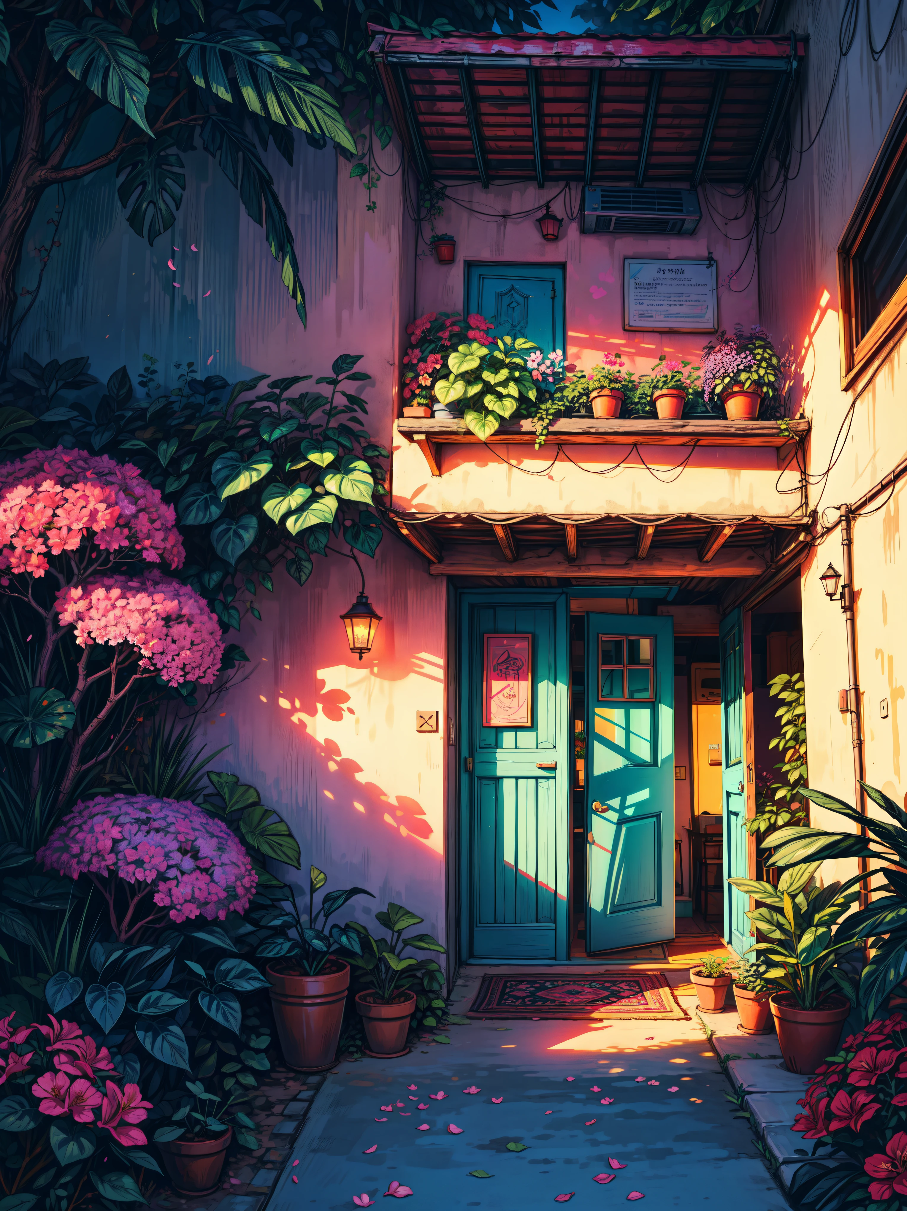 wide view, magenta walls balcony, blue door and windows, pink Bougainvillea flowers, alocasia plants, gypsy aesthetics, magenta and orange tones, magenta boho carpet, shadow, shade, light shine on part of foliage, micro landscape, day time, shade of shed, intrinsic details