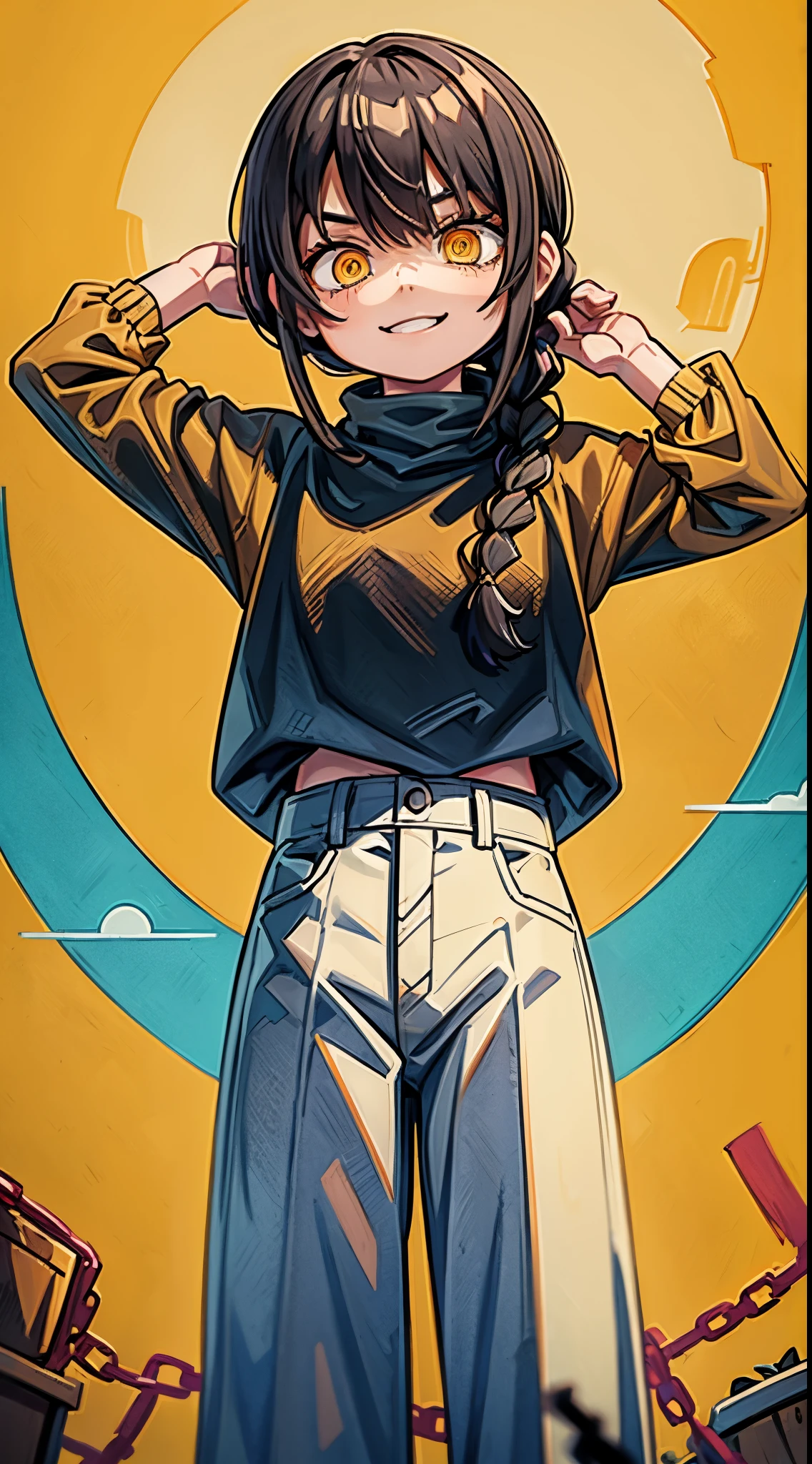 (masterpiece, best quality:1.2), cowboy shot, solo, looking at viewers, 1girl, nayuta, solo, chain, braid, hair over one eye, looking at viewer, evil smile, long hair, long sleeves, pants, braided ponytail, bangs, yellow eyes, black hair