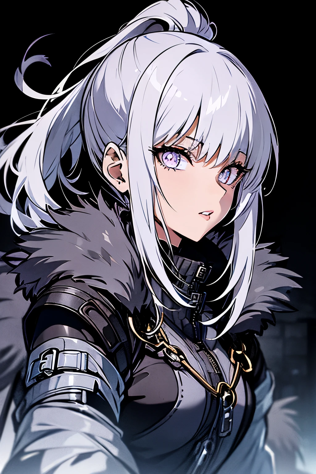 a woman, leggings, pleated skirt, sports top, high ponytail, high boots, long fur jacket, on a foggy moonlit night in a ghost town, detailed face, hyper detailed eye's, detailed lips, , with a metal chainned-colar in the neck, lineart