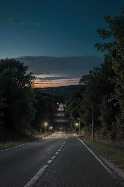 a deserted road, between woods and nature, at the end you can see the lights of the city, but it's evening and you're tired. real photo, perfect