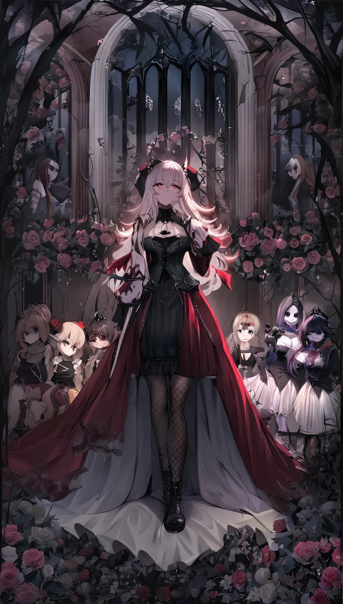 (atmosfera escura,gothic fashion,cores brilhanteelhor qualidade,Super requintado,rosto e corpo detalhados),sexy goth girl,Rabo de cavalo preto reto com pontas azuis,Penas de corvo,batom vermelho,sorriso misterioso,pale complexion,fishnet stockings,vestido de renda preta,Botas de bico fino,In the rose garden at night,dark, moody lighting, six arms, seis olhos, pele roxa, cheia de sangue roxo brilhante, emotion "raiva"