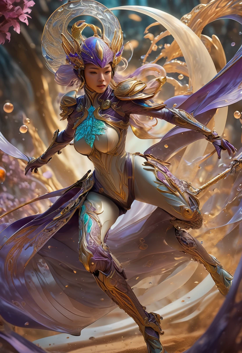 (best quality,4k,8k,highres,masterpiece:1.2),ultra-detailed,(realistic,photorealistic,photo-realistic:1.37), HDR,UHD,studio lighting,ultra-fine painting,sharp focus,physically-based rendering,extreme detail,art nouveau,tarot card style, onmyoji detailed art, cyborg,wide angle, Dynamic angle and composition,(action shot:1.5),dynamic pose, (raging facial expression),futuristic alien, ((A humanoid female alien is using a long sword to cut a shadow beast in half:1.5)), (futuristic alien),(wearing a biological exoskeleton:1.5), platinum hair, (fractal designs), (wearing a fish-shaped glass helmet:1.37), (organic details adorned with beautiful gems:1.37), futuristic alien,(wearing a translucent cloth cape in the shape of a leaf:1.4), Translucent petal-like cloth hangs from her waist, fantasy art, (sci-fi), concept art inspired by moebius, alien flora,(exotic alien flora background with bioluminescent fungi:1.6), dreamy lighting, vibrant colors,purple and olive hues,Yoshitaka Amano style, intricate details, landscape, otherworldly creatures, mesmerizing pattern, intricate helmet design, dreamlike atmosphere, (mythical creatures), (surrealistic composition), trending on cgsociety