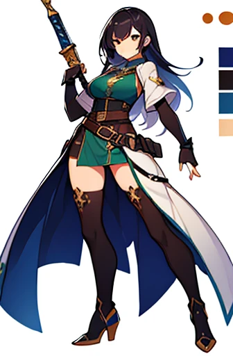 (((Best Quality))) , ((full body)), female, high fantasy outfit, reference sheet, solo, (white background), holding weapon, belt, blue, orange, green, violet, brown, white,
