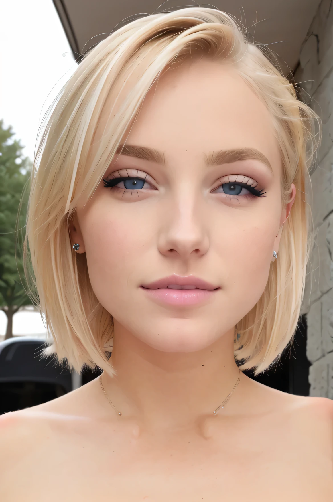 ((Best quality)), ((Ultra precise)), ((reality)), (Complex details), 19 years, Blonde hair, Perfect face, makeup:1.5, Light on the face, Facial details, Naked, short hair,