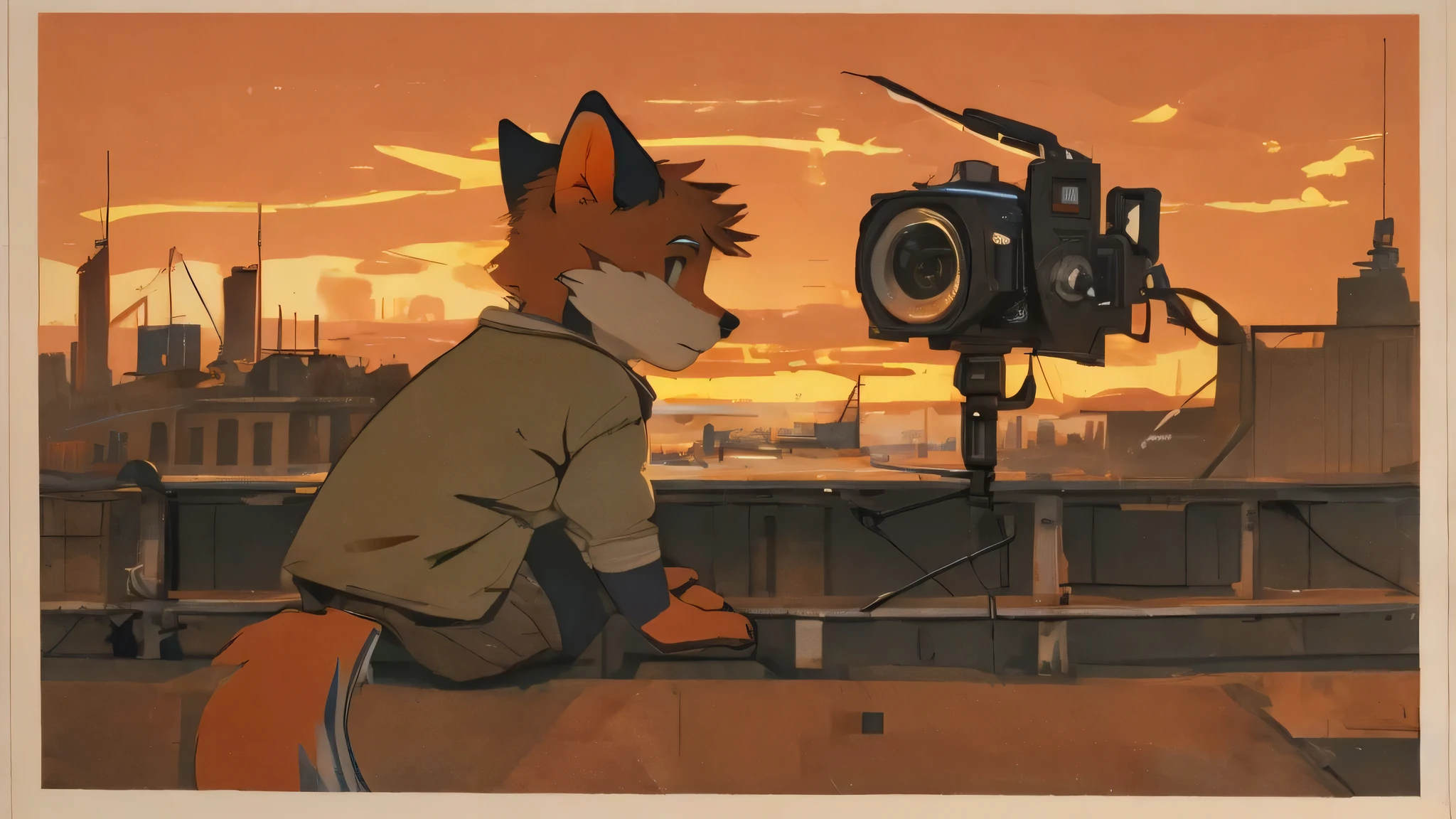 The streets of London in the twentieth century，juvenile，boy，fox，windbreaker，Sunset，Details of the background，Look back at the camera