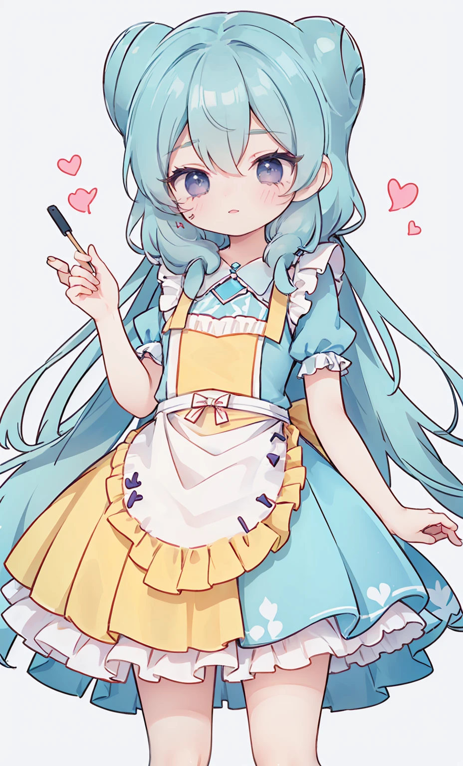 masterpiece, best quality, high resolution, aabeta, double, white simple background, standing, slim waist, cute, {{{{{pastel blue fluffy puffy dress, (white apron )}}}}}, (PastelColors: 1.3)