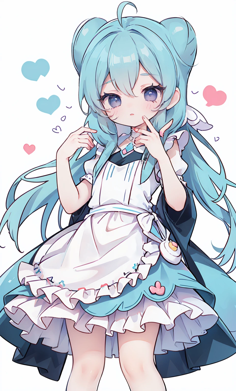 masterpiece, best quality, high resolution, aabeta, double, white simple background, standing, slim waist, cute, {{{{{pastel blue fluffy puffy dress, (white apron )}}}}}, (PastelColors: 1.3)