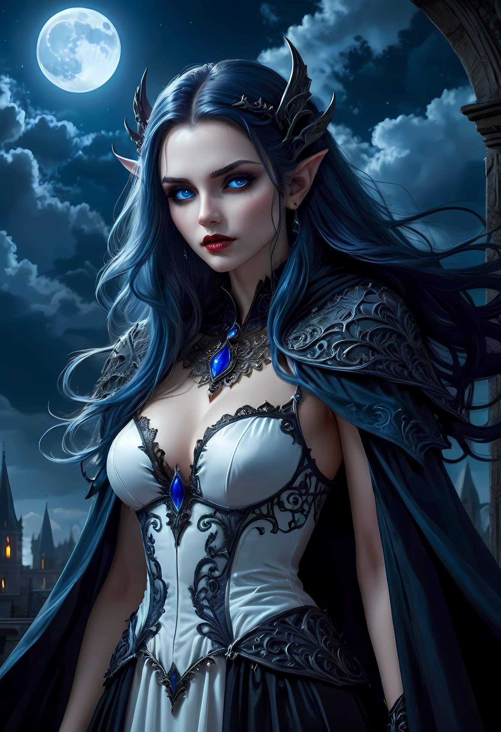 fantasy art, gothic art, (masterpiece:1.5), full body best details, highly detailed, best quality, Glowing blue, highres, full body portrait of a vampire, elf (Masterpiece, best quality: 1.6), ultra feminine, wizard, (intricate details, Masterpiece, best quality: 1.5) with a long curvy hair, light color hair, (blue:1.3) eyes, (fantasy art, Masterpiece, best quality), ((beautiful delicate face)), Ultra Detailed Face (intricate details, fantasy art, Masterpiece, best quality: 1.5), [[vampiric fangs 1.5]] (white cloak: 1.3) , flowing cloak (intricate details, fantasy art, Masterpiece, best quality: 1.3), wearing an intricate (black: 1.2) dress (intricate details, fantasy art, Masterpiece, best quality: 1.5), high heeled boots, urban background (intense details, beat details), fantasy, at night light, natural ,moon light, clouds, gothic atmosphere, soft light, dynamic light, [[anatomically correct]], high details, best quality, 8k, [ultra detailed], masterpiece, best quality, (extremely detailed), dynamic angle