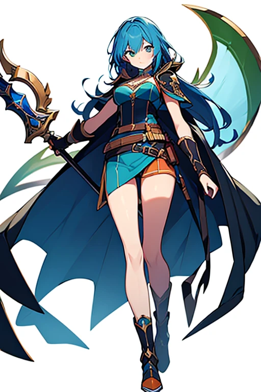 (((Best Quality))) , ((full body)), female, high fantasy outfit, solo, (white background), holding weapon, belt, blue, orange, green, violet, brown, white,