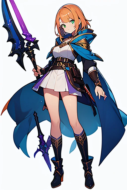 (((Best Quality))) , ((full body)), female, high fantasy outfit, solo, (white background), holding weapon, belt, blue, orange, green, violet, brown, white,
