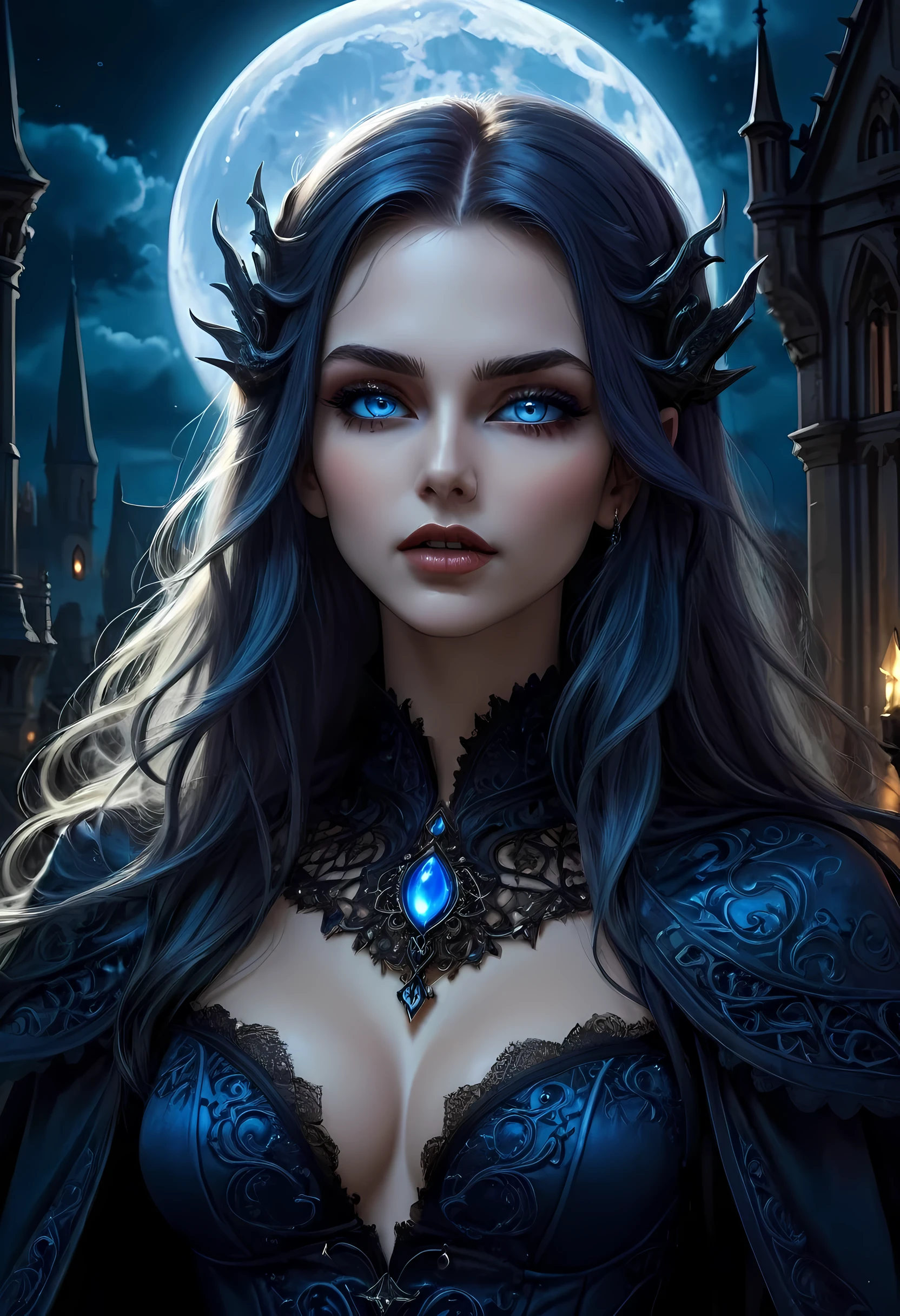 fantasy art, gothic art, (masterpiece:1.5), full body best details, highly detailed, best quality, Glowing blue, highres, full body portrait of a vampire, elf (Masterpiece, best quality: 1.6), ultra feminine, wizard, (intricate details, Masterpiece, best quality: 1.5) with a long curvy hair, light color hair, (blue:1.3) eyes, (fantasy art, Masterpiece, best quality), ((beautiful delicate face)), Ultra Detailed Face (intricate details, fantasy art, Masterpiece, best quality: 1.5), [[vampiric fangs 1.5]] (white cloak: 1.3) , flowing cloak (intricate details, fantasy art, Masterpiece, best quality: 1.3), wearing an intricate (black: 1.2) dress (intricate details, fantasy art, Masterpiece, best quality: 1.5), high heeled boots, urban background (intense details, beat details), fantasy, at night light, natural ,moon light, clouds, gothic atmosphere, soft light, dynamic light, [[anatomically correct]], high details, best quality, 8k, [ultra detailed], masterpiece, best quality, (extremely detailed), dynamic angle