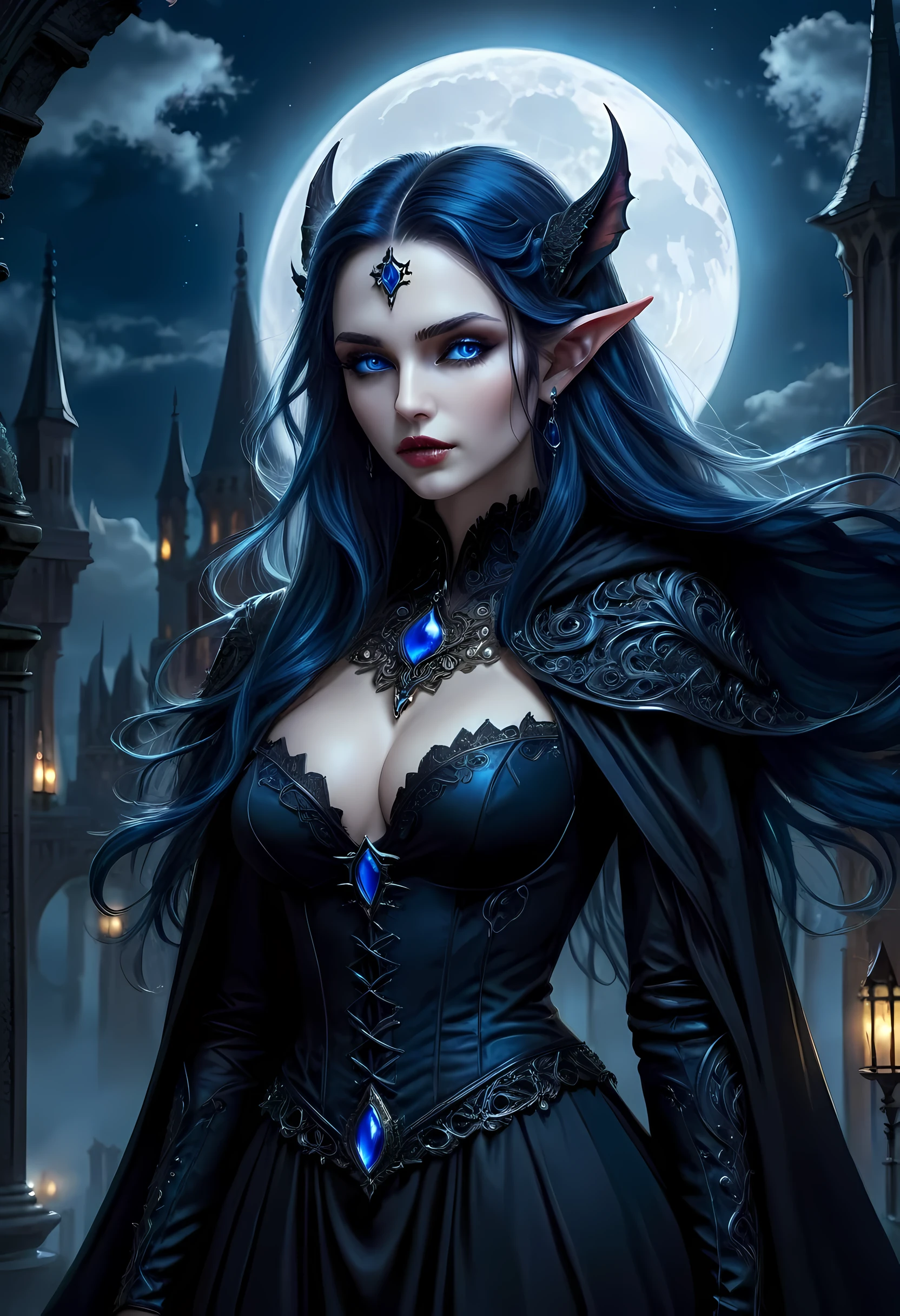 fantasy art, gothic art, (masterpiece:1.5), full body best details, highly detailed, best quality, Glowing blue, highres, full body portrait of a vampire, elf (Masterpiece, best quality: 1.6), ultra feminine, wizard, (intricate details, Masterpiece, best quality: 1.5) with a long curvy hair, light color hair, (blue:1.3) eyes, (fantasy art, Masterpiece, best quality), ((beautiful delicate face)), Ultra Detailed Face (intricate details, fantasy art, Masterpiece, best quality: 1.5), [[vampiric fangs 1.5]] (white cloak: 1.3) , flowing cloak (intricate details, fantasy art, Masterpiece, best quality: 1.3), wearing an intricate (black: 1.2) dress (intricate details, fantasy art, Masterpiece, best quality: 1.5), high heeled boots, urban background (intense details, beat details), fantasy, at night light, natural ,moon light, clouds, gothic atmosphere, soft light, dynamic light, [[anatomically correct]], high details, best quality, 8k, [ultra detailed], masterpiece, best quality, (extremely detailed), dynamic angle