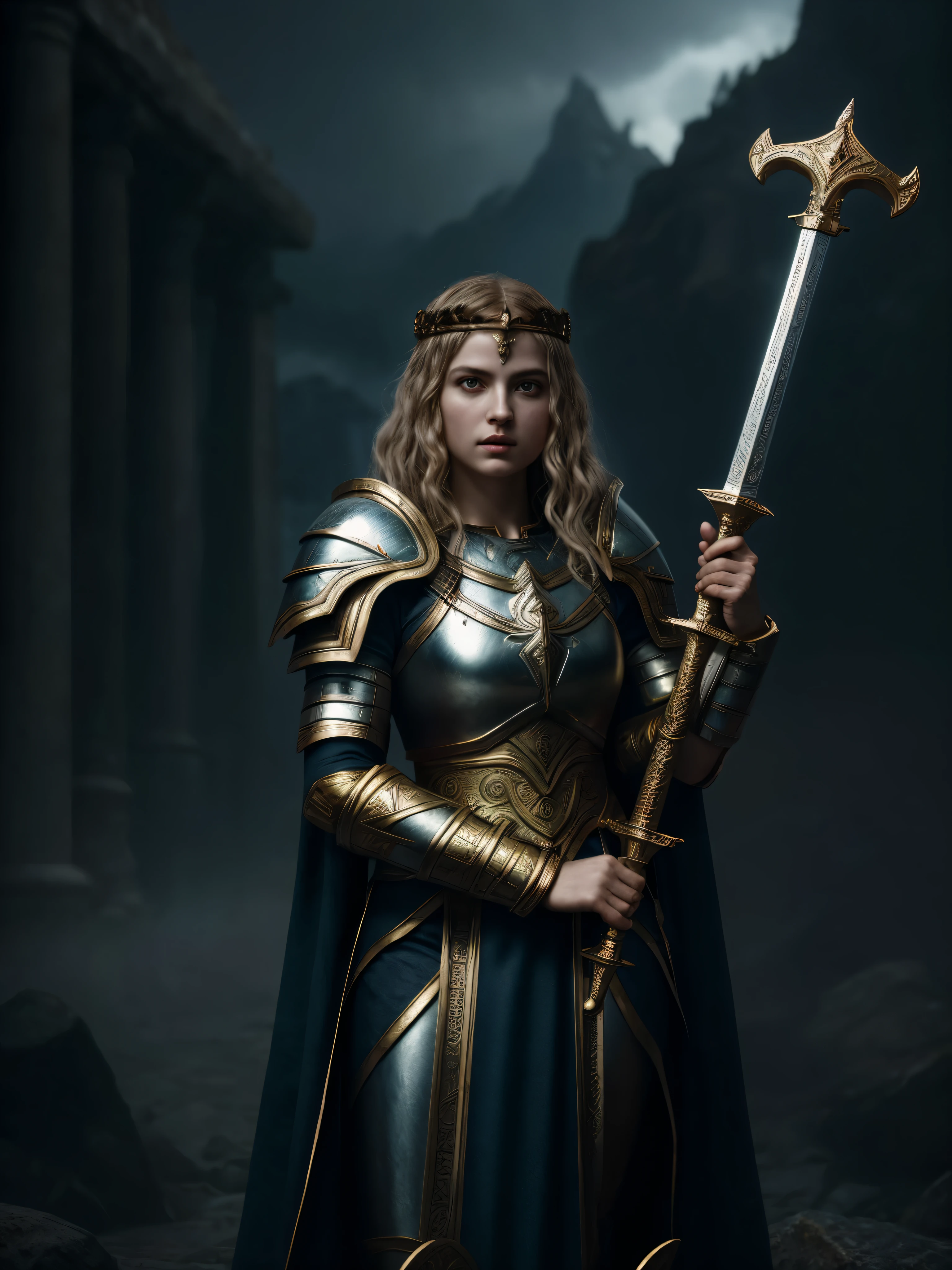 Empowered Legendary Templary Warrior, Olympus, Goddess style, French painting style, Brave warrior queen, warrior goddess, holding Up Her Royal Sword, complex details, octane render, hyper realistic, cinematic, fantasy movie, dark moody tones, award winning, masterpiece,