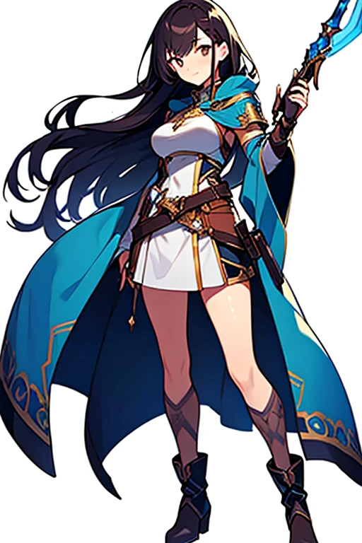 (((Best Quality))) , ((full body)), female, high fantasy outfit, solo, (white background), holding weapon, belt, blue, orange, green, violet, brown, white, ((character concept art)),