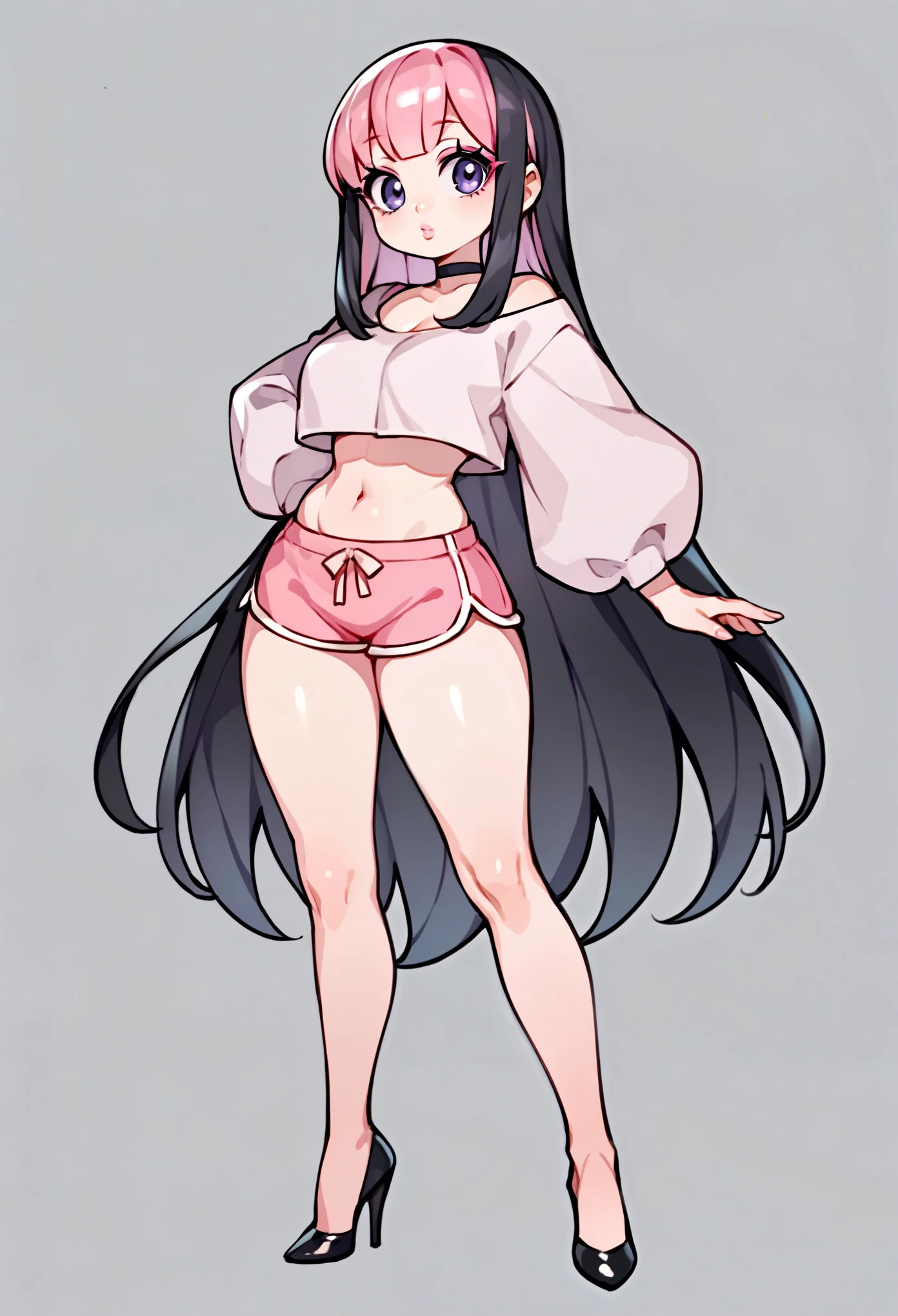 score_9, score_8_up, score_7_up, 1girl, ((full body)), ((curvy)), (((cute face))), long hair, bangs, black pink hair, ((black and pink hair)), ((black hair)), gorgeous purple eyes, big eyes, anime eyes, eyeliner, long lashes, soft and full lips, choker, jewelry, miniskirt, crop top, heels, (Jelly Art Style:0.2), ((anime style:0.8))