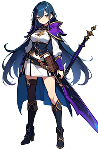(((Best Quality))) , ((full body)), female, high fantasy outfit, solo, (white background), holding weapon, belt, blue, orange, green, violet, brown, white,  ((character concept art)),
