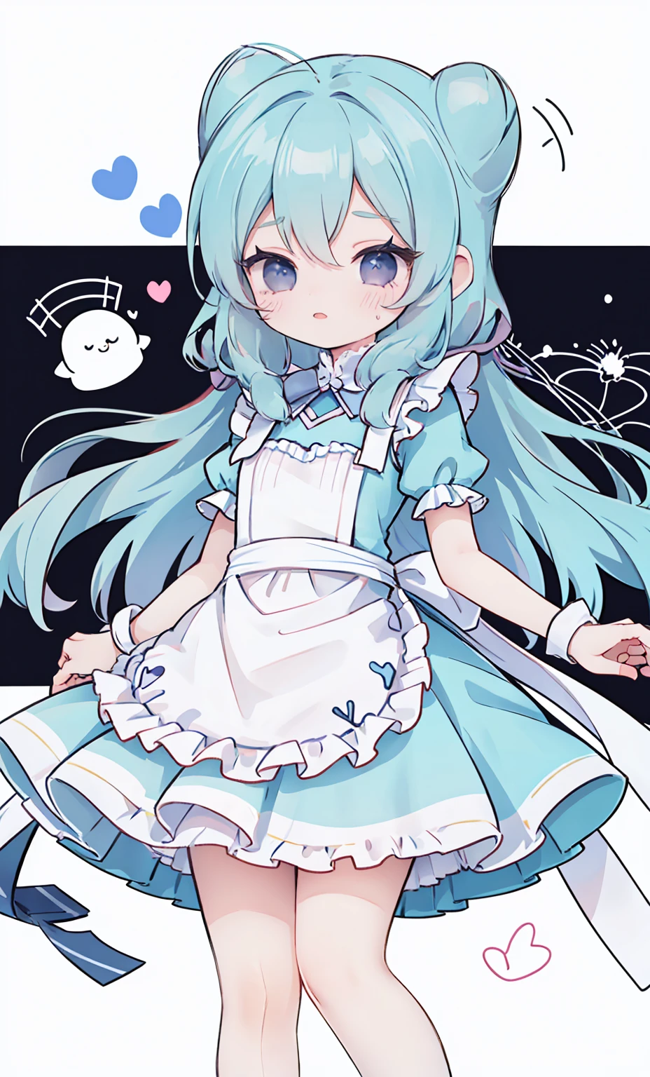 masterpiece, best quality, high resolution, aabeta, double, white simple background, standing, slim waist, cute, {{{{{pastel blue fluffy puffy dress, (white apron )}}}}}, (PastelColors: 1.3)