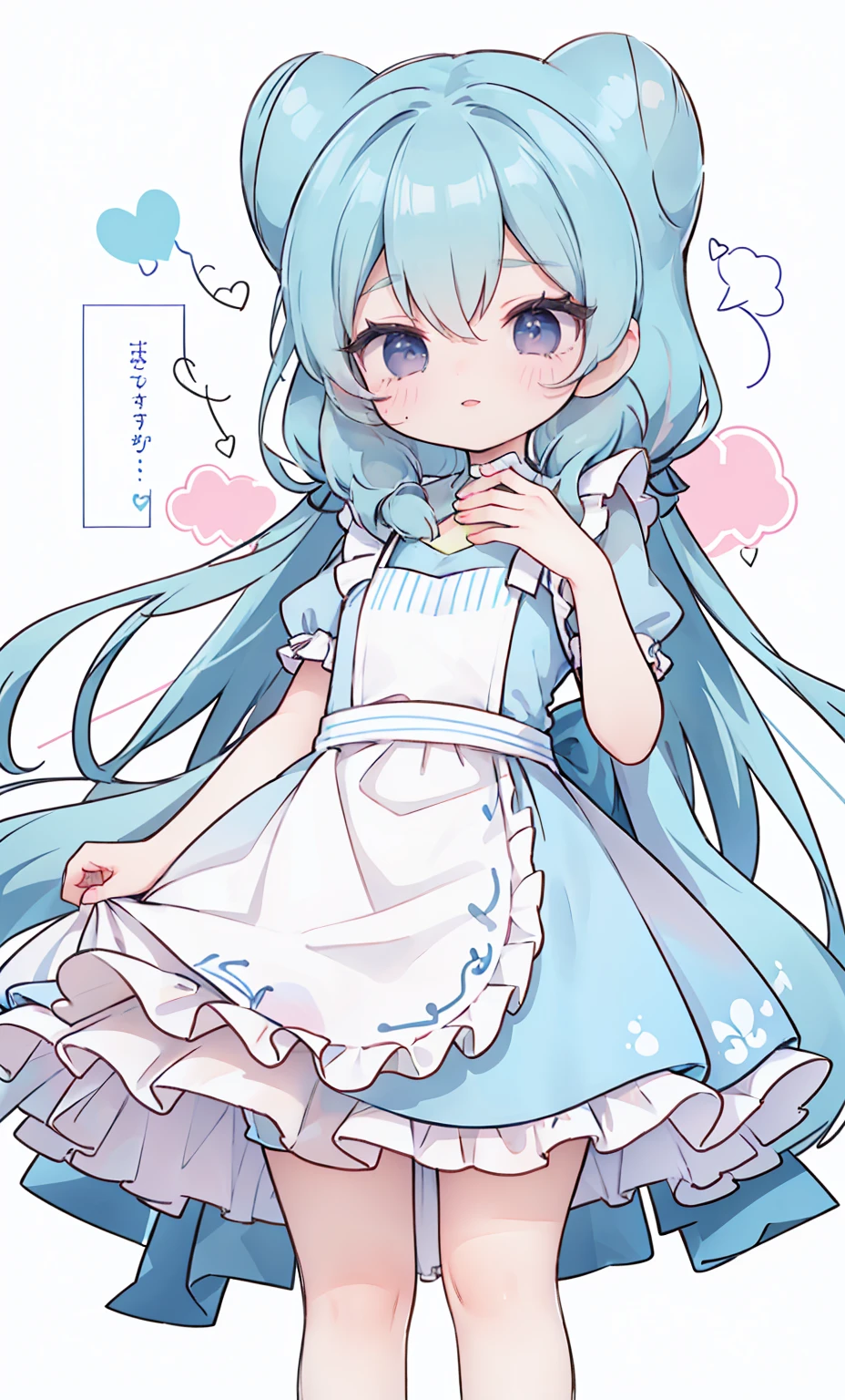 masterpiece, best quality, high resolution, aabeta, double, white simple background, standing, slim waist, cute, {{{{{pastel blue fluffy puffy dress, (white apron )}}}}}, (PastelColors: 1.3)