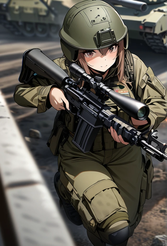 High quality, high definition images, full HD、8k.1 girl Short chestnut hair wearing US combat uniform Wear a helmet deeply, holding a rifle,m1The image of running with a tank...row of tanks,