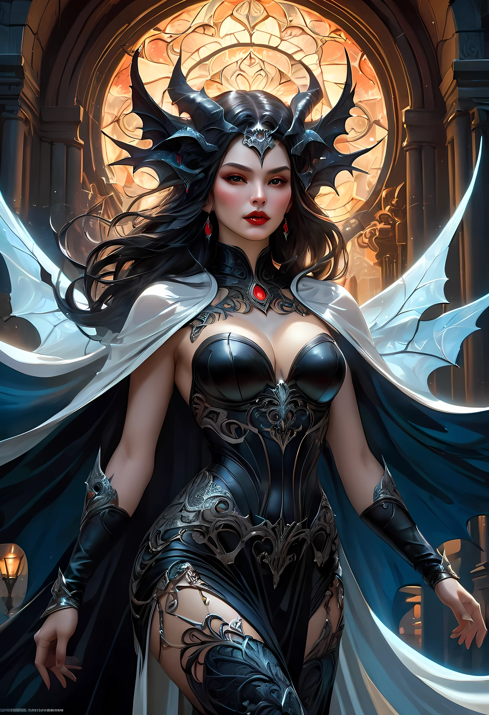 fantasy art, gothic art, (masterpiece:1.5), full body best details, highly detailed, best quality, Glowing blue, highres, full body portrait of a vampire, elf (Masterpiece, best quality: 1.6), ultra feminine, wizard, (intricate details, Masterpiece, best quality: 1.5) with a long curvy hair, light color hair, (blue:1.3) eyes, (fantasy art, Masterpiece, best quality), ((beautiful delicate face)), Ultra Detailed Face (intricate details, fantasy art, Masterpiece, best quality: 1.5), [[vampiric fangs 1.5]] (white cloak: 1.3) , flowing cloak (intricate details, fantasy art, Masterpiece, best quality: 1.3), wearing an intricate (black: 1.2) dress (intricate details, fantasy art, Masterpiece, best quality: 1.5), high heeled boots, urban background (intense details, beat details), fantasy, at night light, natural ,moon light, clouds, gothic atmosphere, soft light, dynamic light, [[anatomically correct]], high details, best quality, 8k, [ultra detailed], masterpiece, best quality, (extremely detailed), dynamic angle