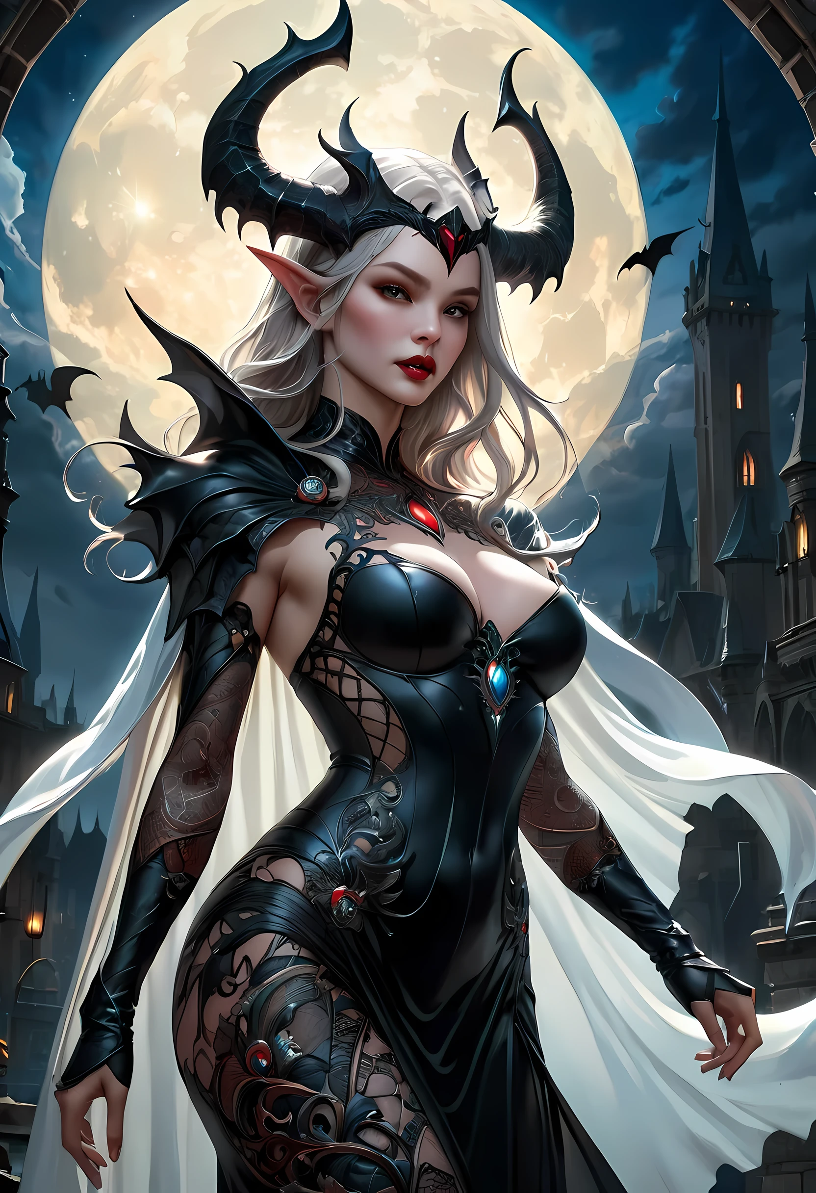 fantasy art, gothic art, (masterpiece:1.5), full body best details, highly detailed, best quality, Glowing blue, highres, full body portrait of a vampire, elf (Masterpiece, best quality: 1.6), ultra feminine, wizard, (intricate details, Masterpiece, best quality: 1.5) with a long curvy hair, light color hair, (blue:1.3) eyes, (fantasy art, Masterpiece, best quality), ((beautiful delicate face)), Ultra Detailed Face (intricate details, fantasy art, Masterpiece, best quality: 1.5), [[vampiric fangs 1.5]] (white cloak: 1.3) , flowing cloak (intricate details, fantasy art, Masterpiece, best quality: 1.3), wearing an intricate (black: 1.2) dress (intricate details, fantasy art, Masterpiece, best quality: 1.5), high heeled boots, urban background (intense details, beat details), fantasy, at night light, natural ,moon light, clouds, gothic atmosphere, soft light, dynamic light, [[anatomically correct]], high details, best quality, 8k, [ultra detailed], masterpiece, best quality, (extremely detailed), dynamic angle