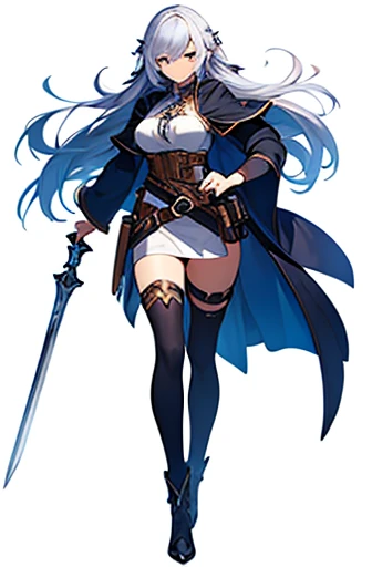 (((Best Quality))) , ((full body)), female, high fantasy outfit, solo, (white background), holding weapon, belt,