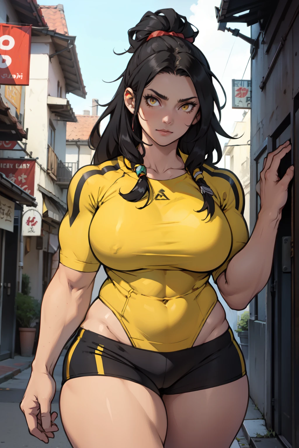 curvy muscular girl black hair yellow eyes