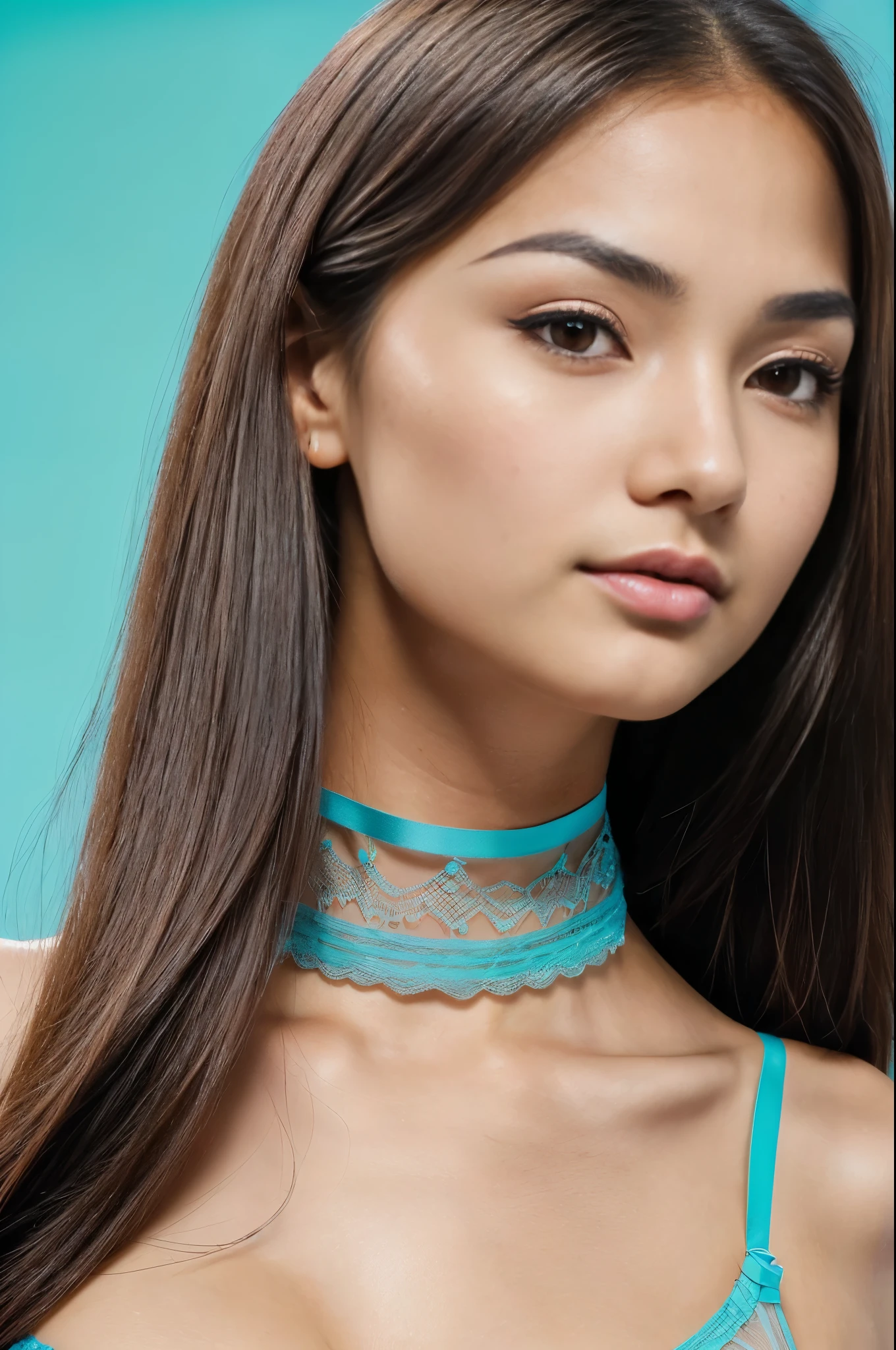 Masterpiece, realistic, highly detailed, best quality, (looking_at_viewer, young feminine 25 years woman, symmetric_face, very_cute_round_face_shape, short_face, small_face, young_face, big_breasts, short_body:1, rounded_chin+jaw, small_jaw, short_jaw, very_cute+very_feminine young_girl, tanned_skin, long_straight_hair, dark_brown_hair, very_thin_eyebrows, very_thin_brows, round_thin_brows, round_thin_eyebrows, brown_eyes, big_eyes:0.3, large_eyes:1.3, round_eyes:0.6, symmetric_eyes, mascara:0.8, makeup:1, slim_nose:1, feminine_prominent_cheekbones:1.2, slim_greek_nose, rounded_nose:1, thin_nose:1, thin_nostrils:1, thin_nose_bridge:0.5, thin_nose_tip:1, small_nose_tip:1, feminine_pink_lips, sensual_flirting_expression, wearing_turquoise_lingerie, white_backdrop), upper body headshot, choker, (big breasts:1.4)